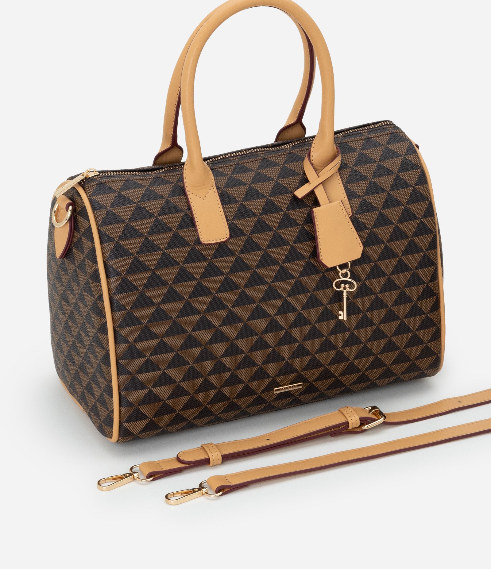 Bolsa Grande em PU com Alça de Mão e Estampa Triângulos Marrom 6