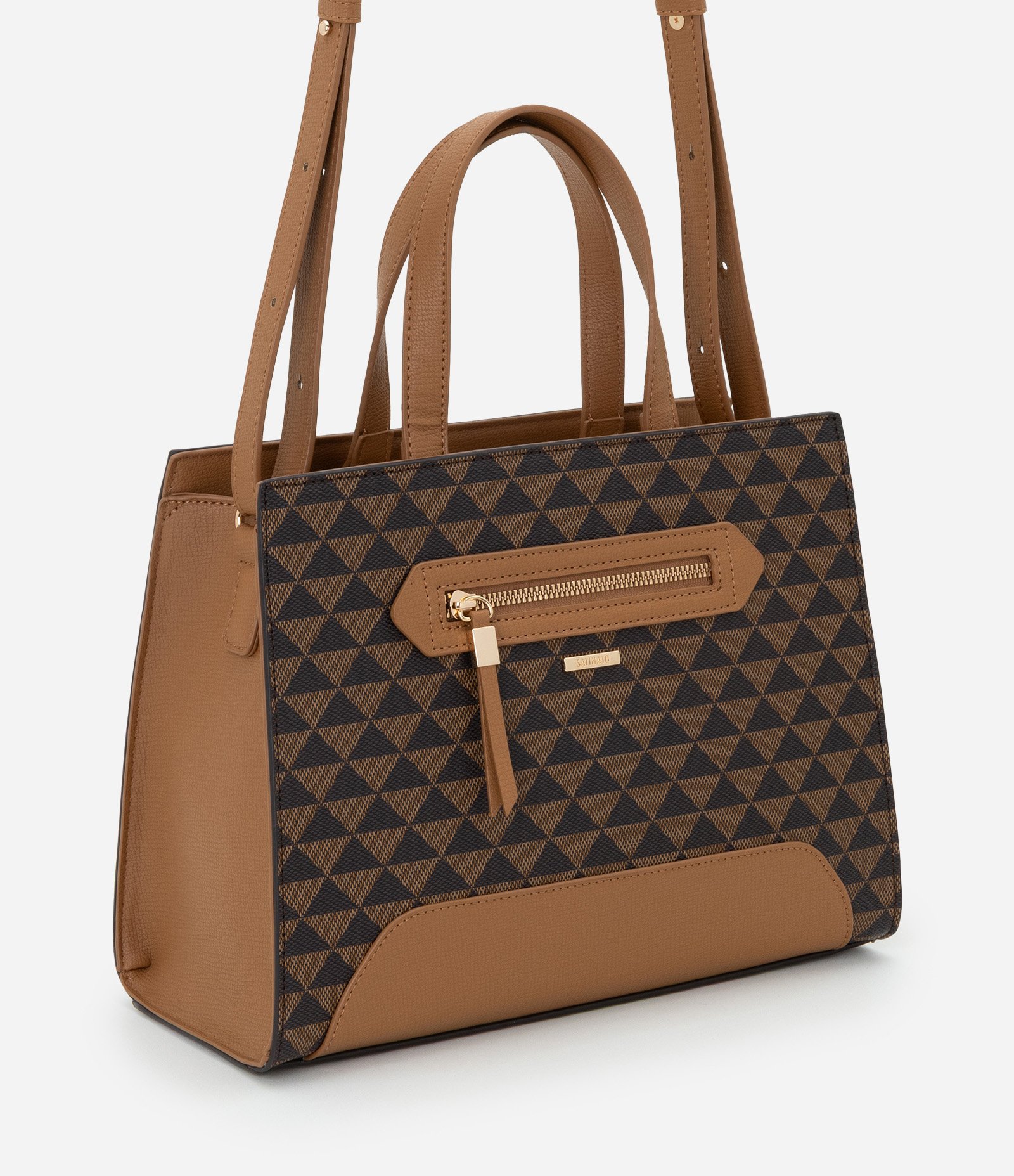 Bolsa Satchel Média em PU com Estampa Triângulos Marrom 1