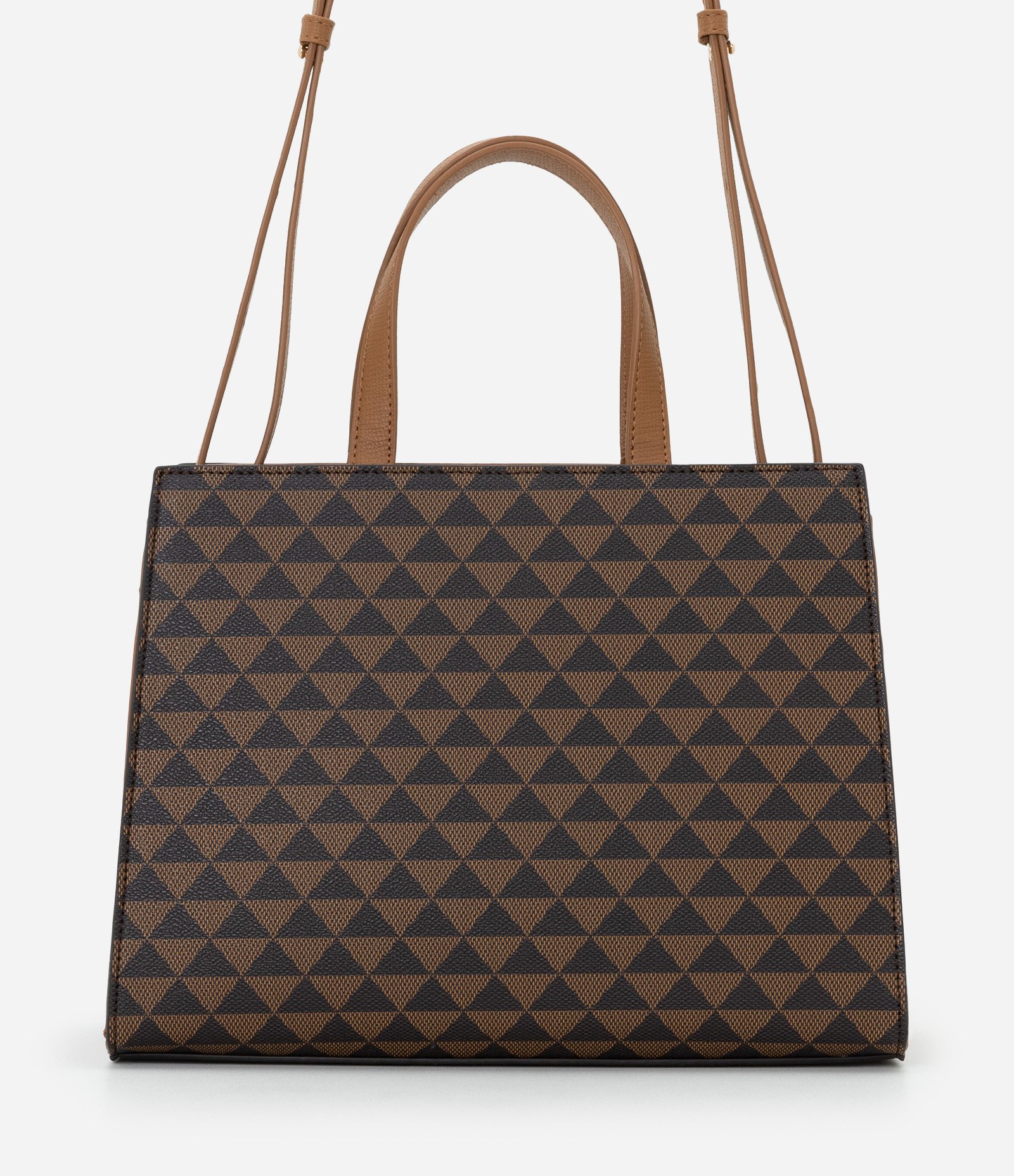 Bolsa Satchel Média em PU com Estampa Triângulos Marrom 3