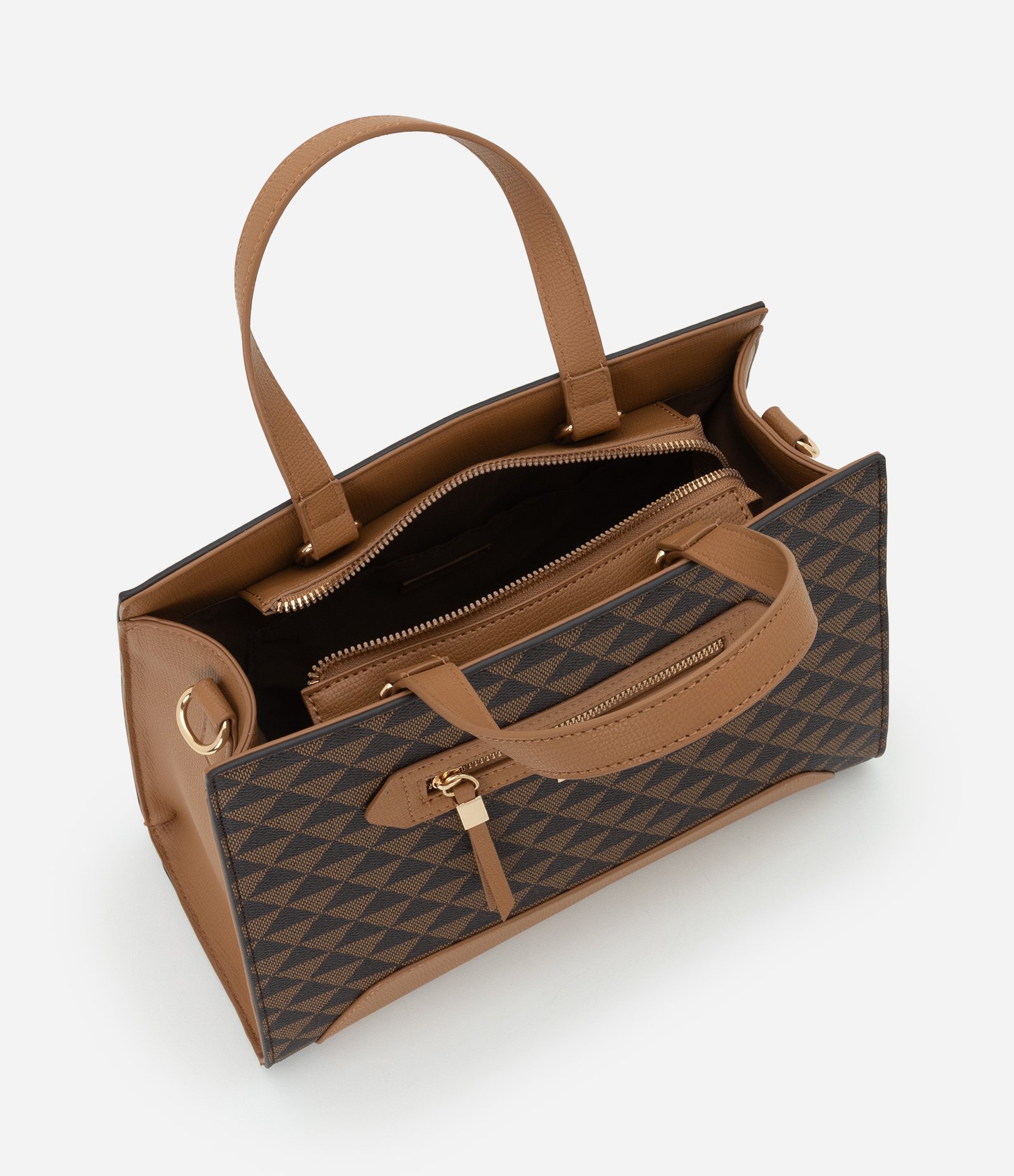 Bolsa Satchel Média em PU com Estampa Triângulos Marrom 4