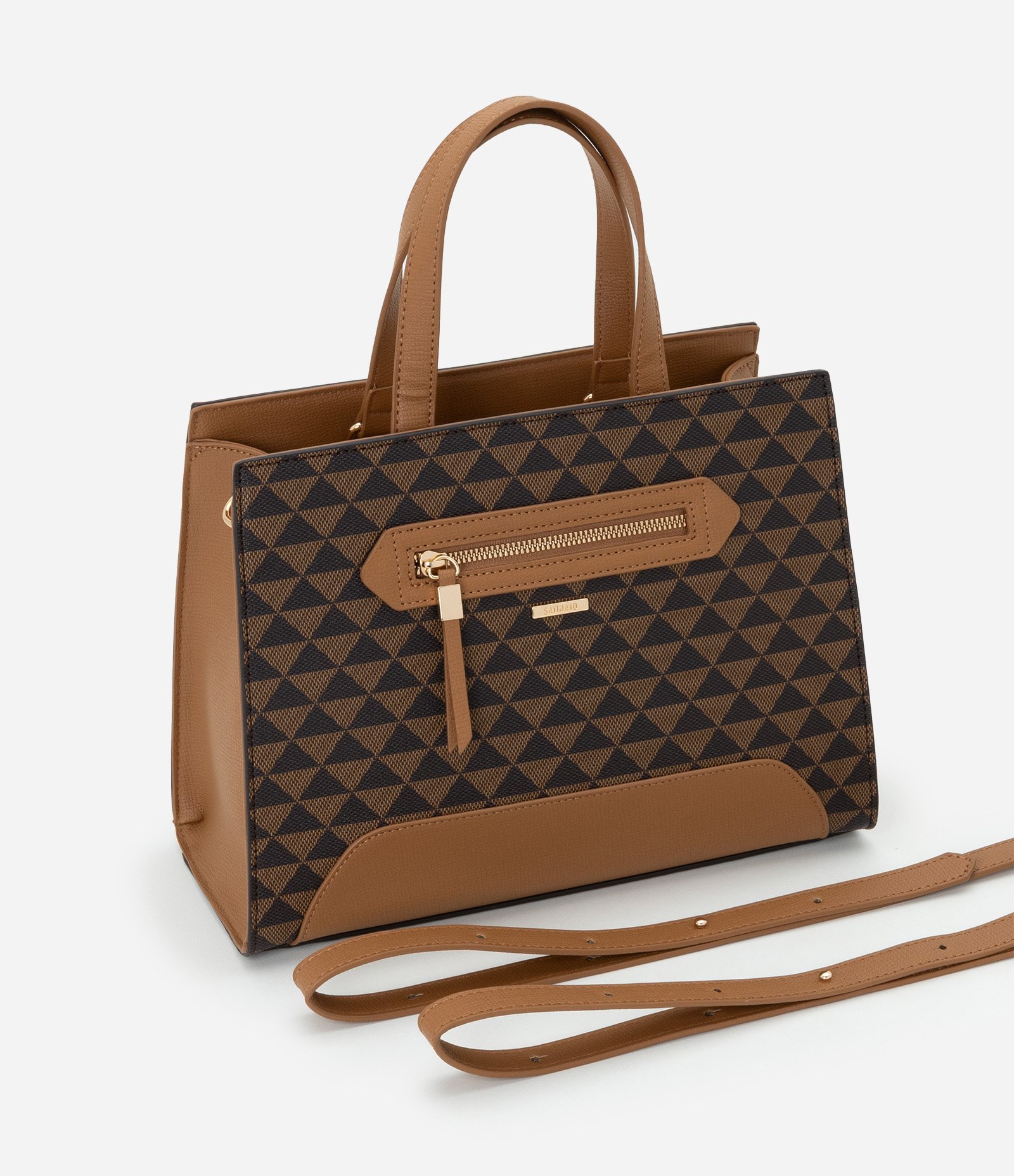 Bolsa Satchel Média em PU com Estampa Triângulos Marrom 6