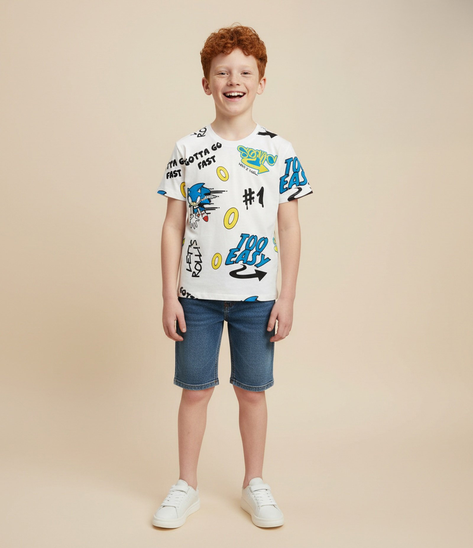 Camiseta Relaxed Infantil com Estampa Full Print Sonic – Tam 5 a 14 Anos Branco 1