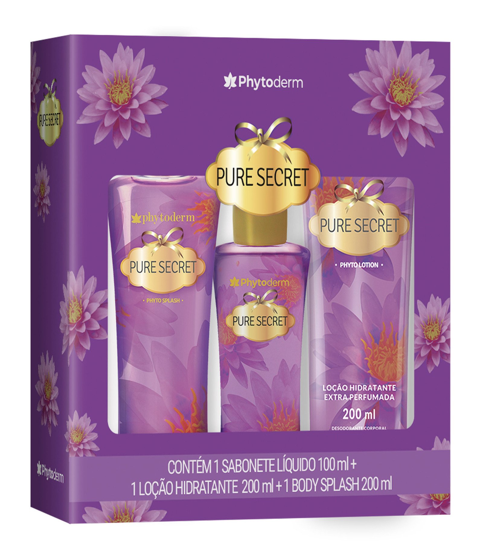 Kit Kit Phytoderm Pure Secret Body Splash 200ml + Loção Hidratante 200ml + Sabonete Líquido 100ml KIT 1