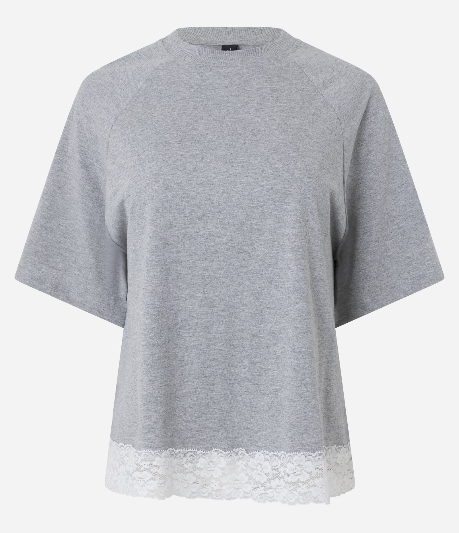 Camiseta em Algodão com Manga Raglan e Barra Rendada Cinza Mescla 4