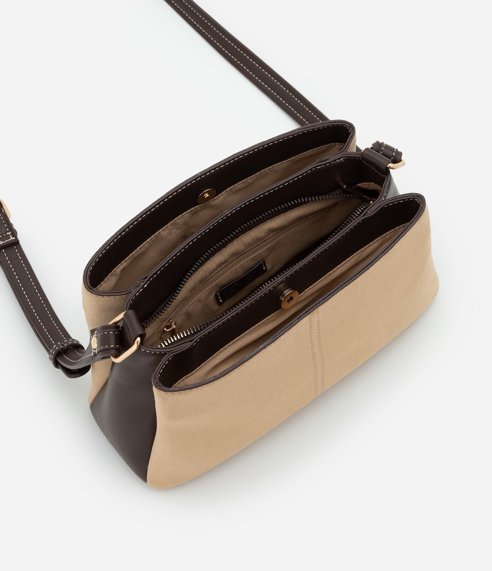 Bolsa Transversal Média em Suede com Alça Regulável Bege 5