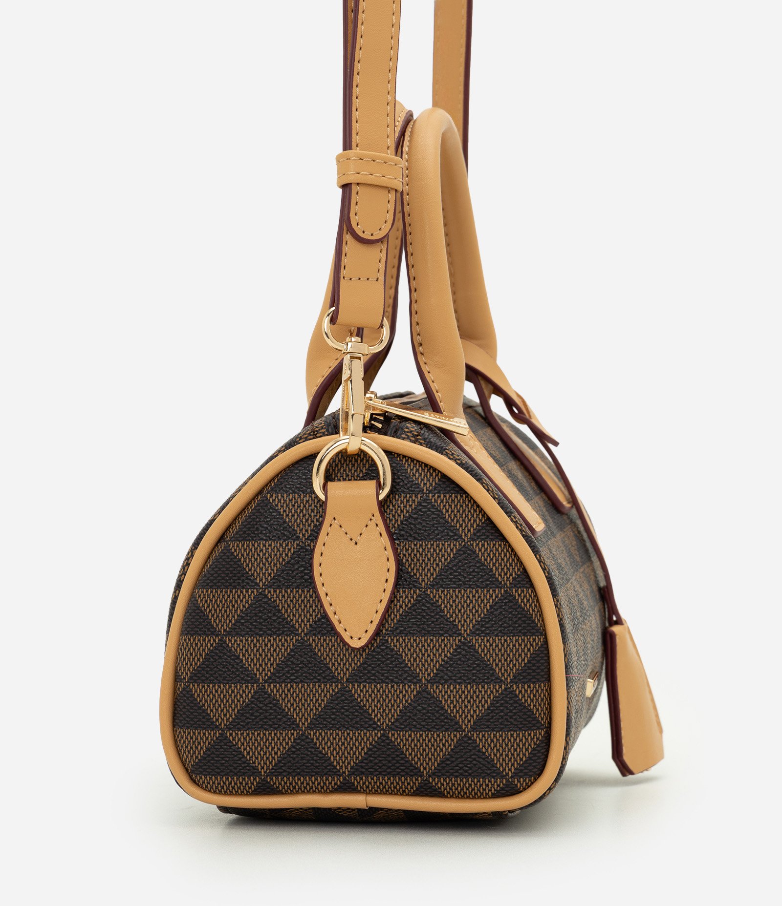 Bolsa Pequena Estruturada com Estampa Triângulos Marrom 3