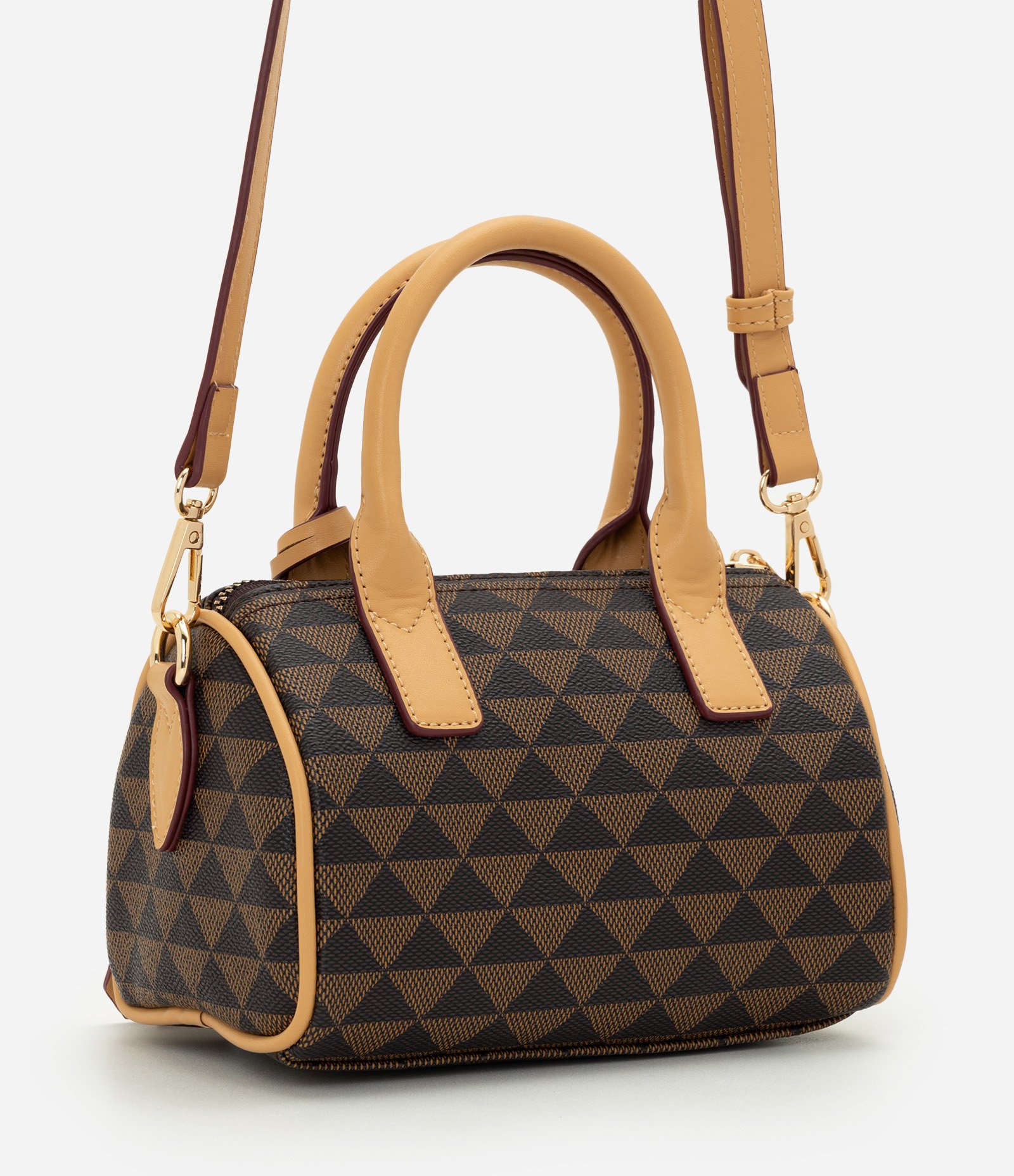 Bolsa Pequena Estruturada com Estampa Triângulos Marrom 4