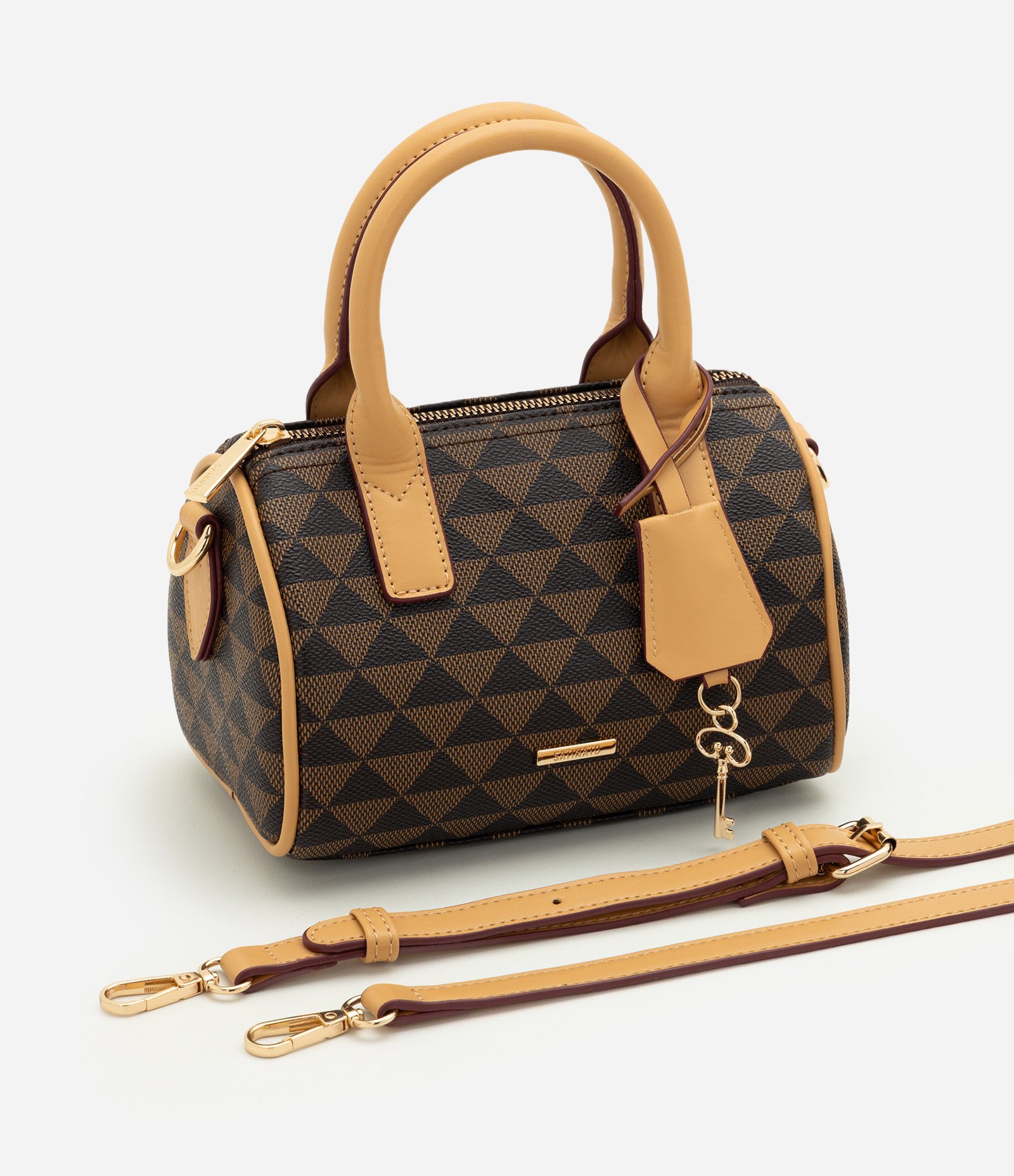 Bolsa Pequena Estruturada com Estampa Triângulos Marrom 6
