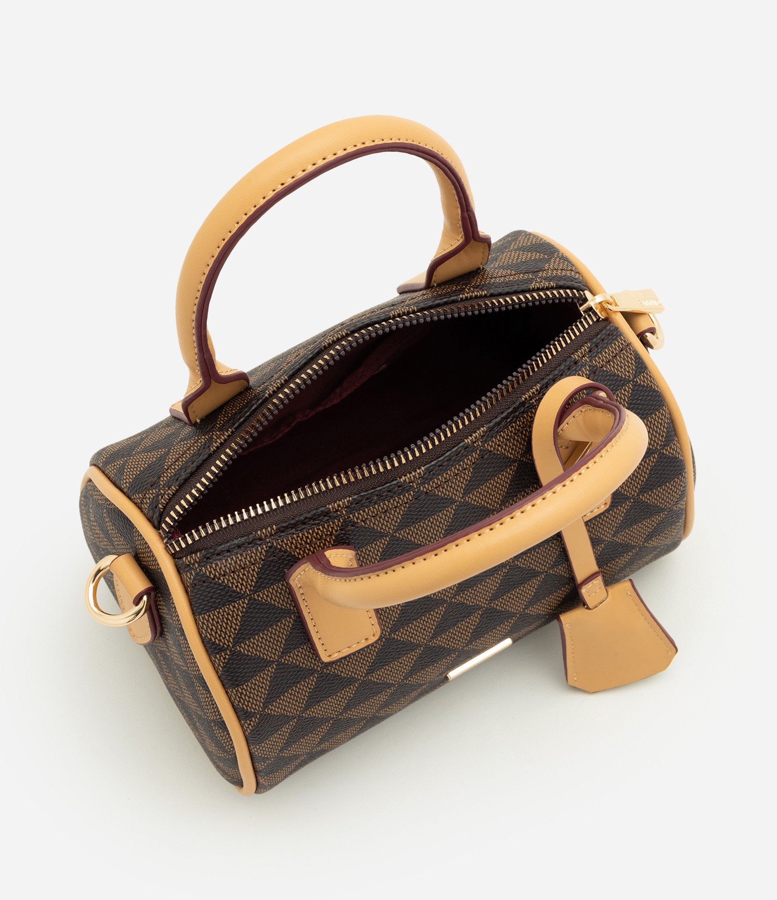 Bolsa Pequena Estruturada com Estampa Triângulos Marrom 8