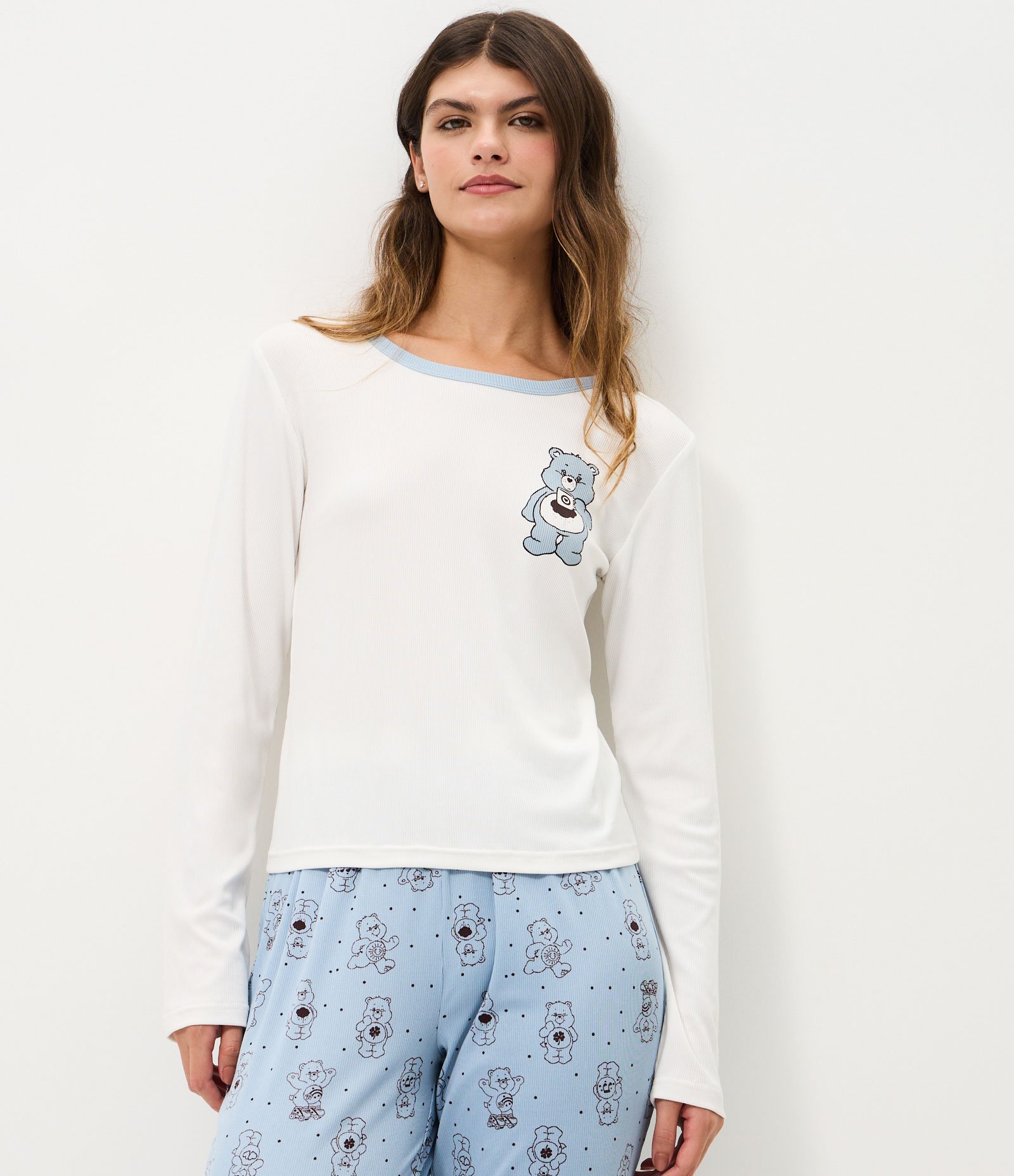 Blusa de Pijama em Ribana com Estampa Ursinhos Carinhosos Branco 1
