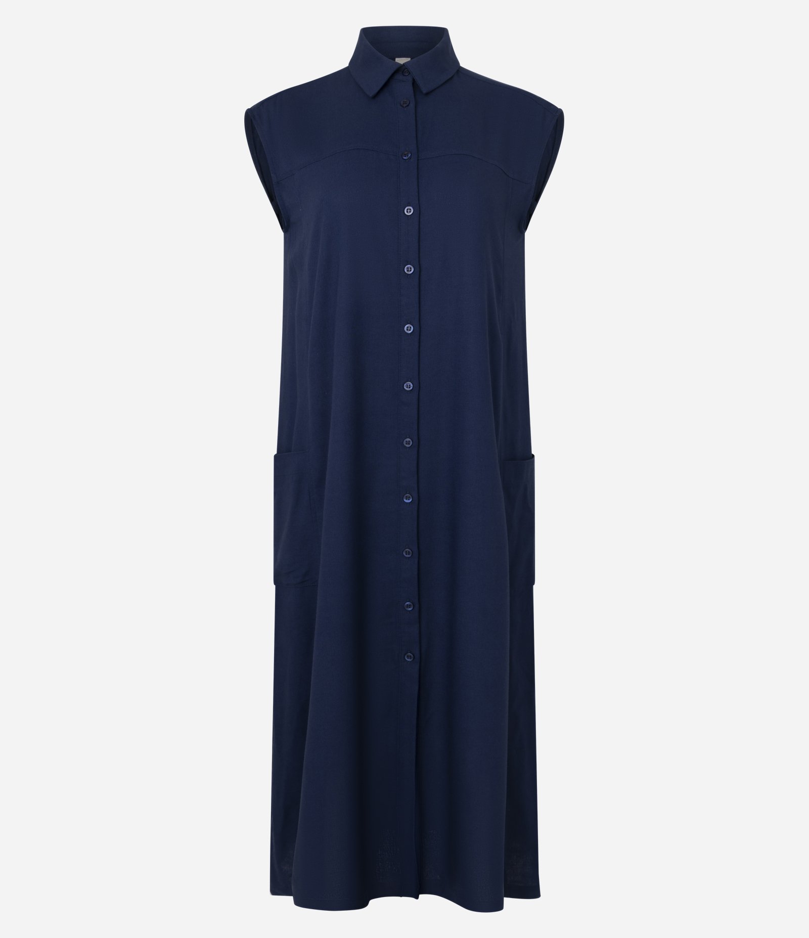 Vestido Chemise Plano com Linho e Botões Azul Escuro 5