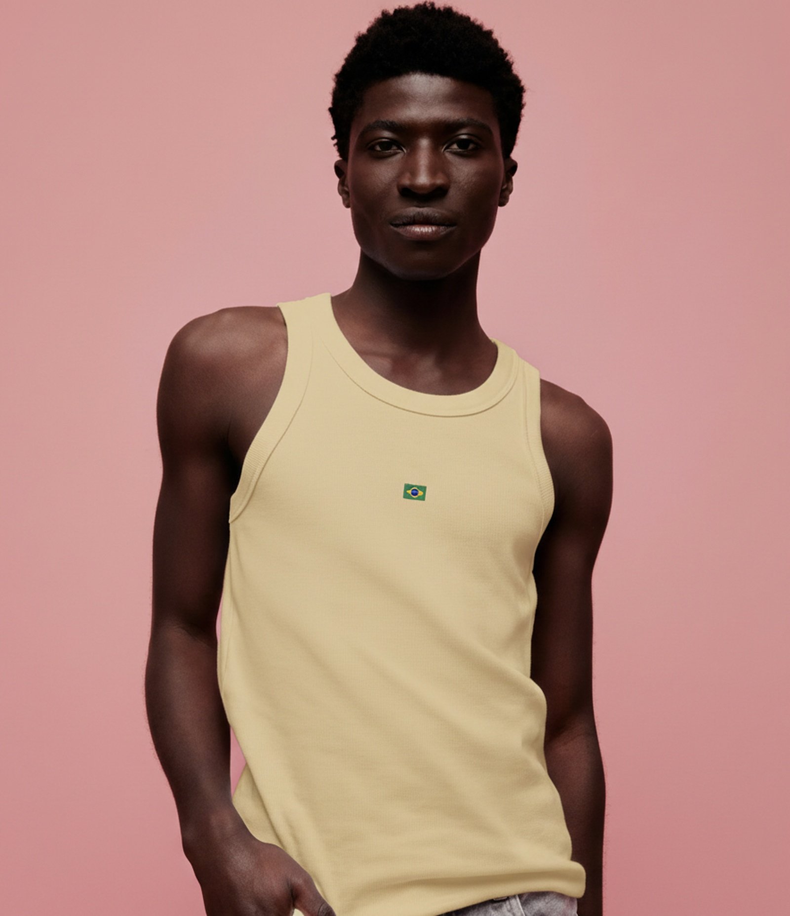 Regata Muscle com Bordado Bandeira do Brasil Bege 1