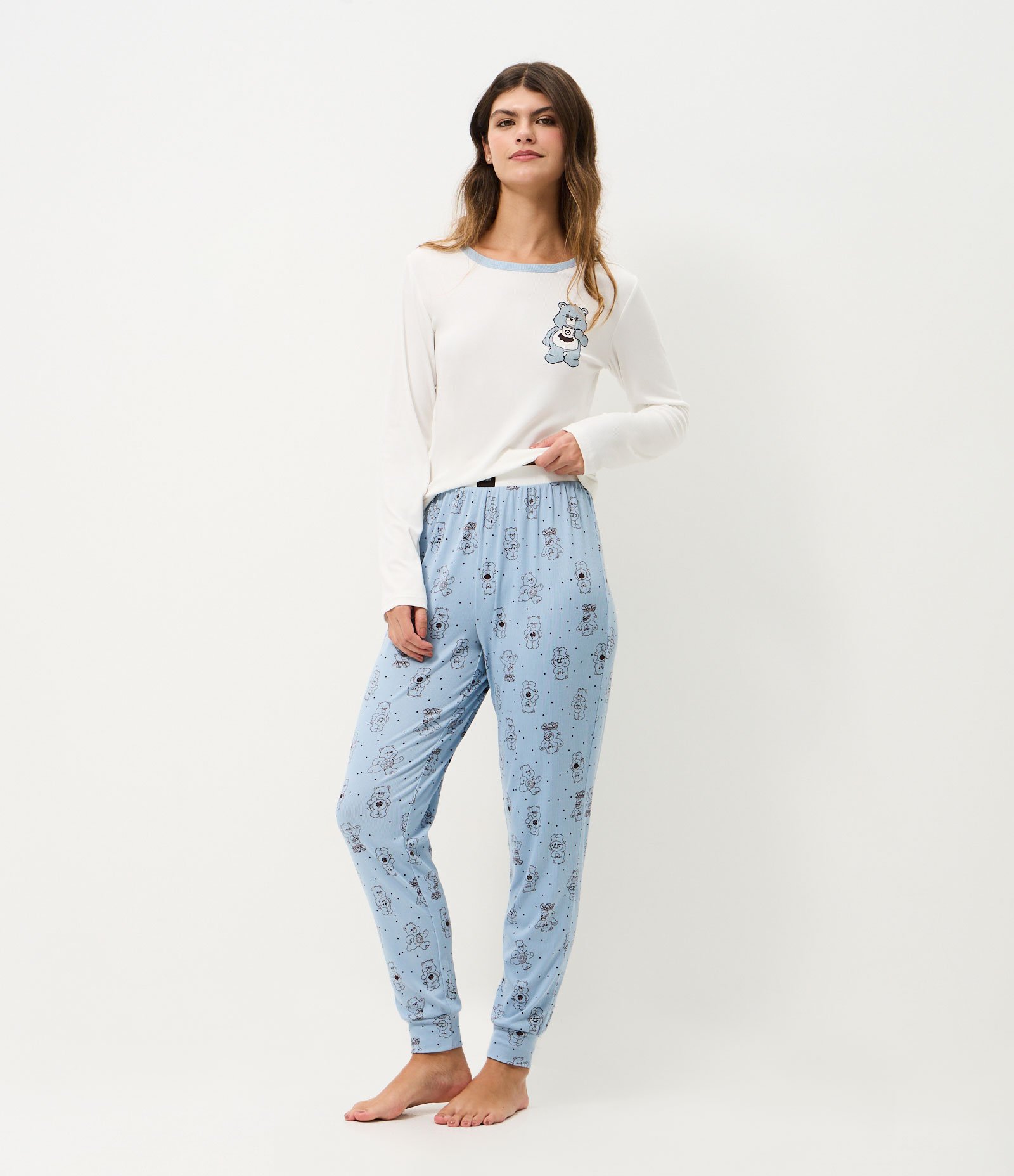 Calça de Pijama em Ribana com Estampa Ursinhos Carinhosos Azul 1