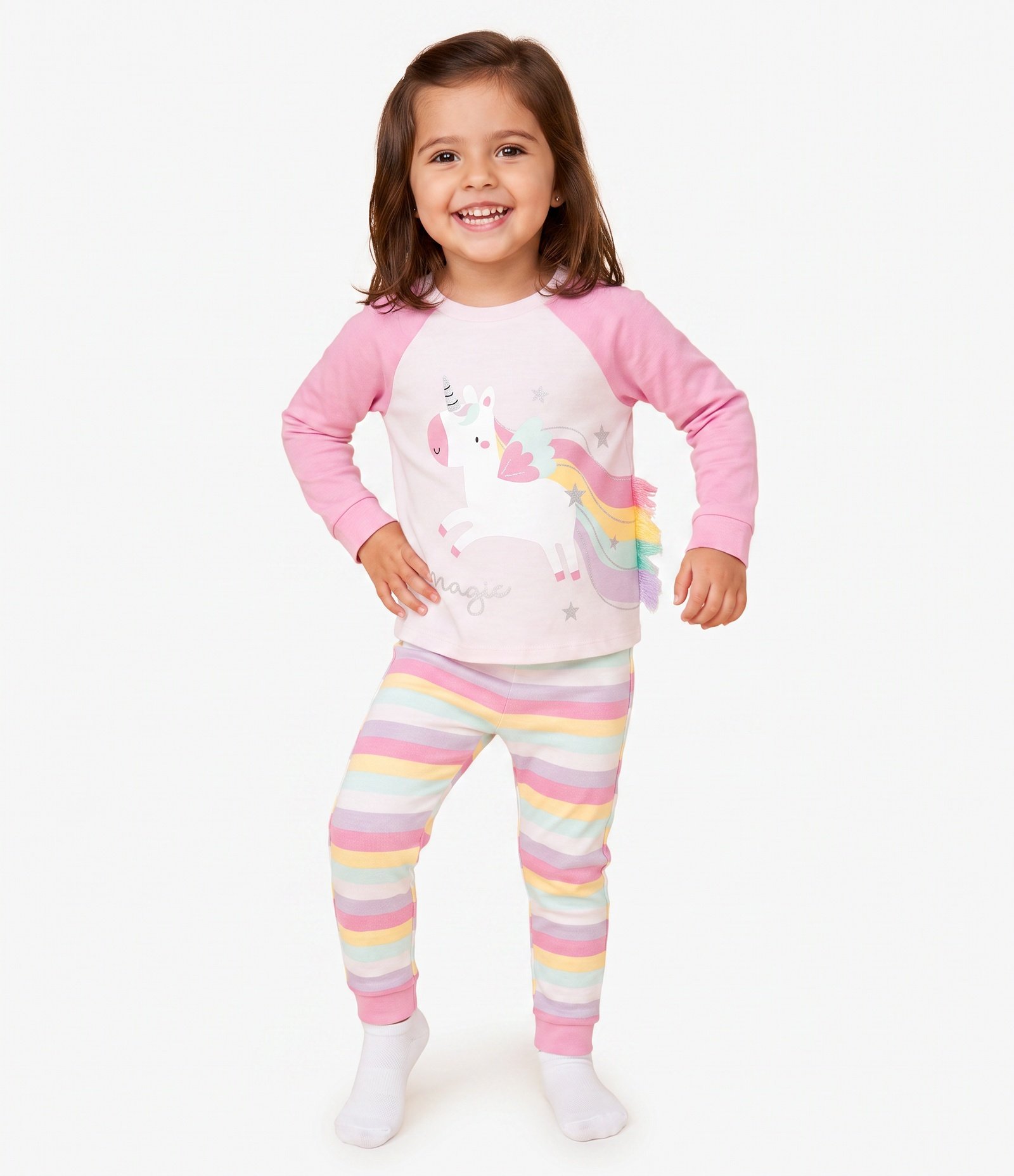 Pijama Infantil Blusa com Estampa de Unicórnio e Calça Listrada – Tam 1 a 6 Anos Rosa 1