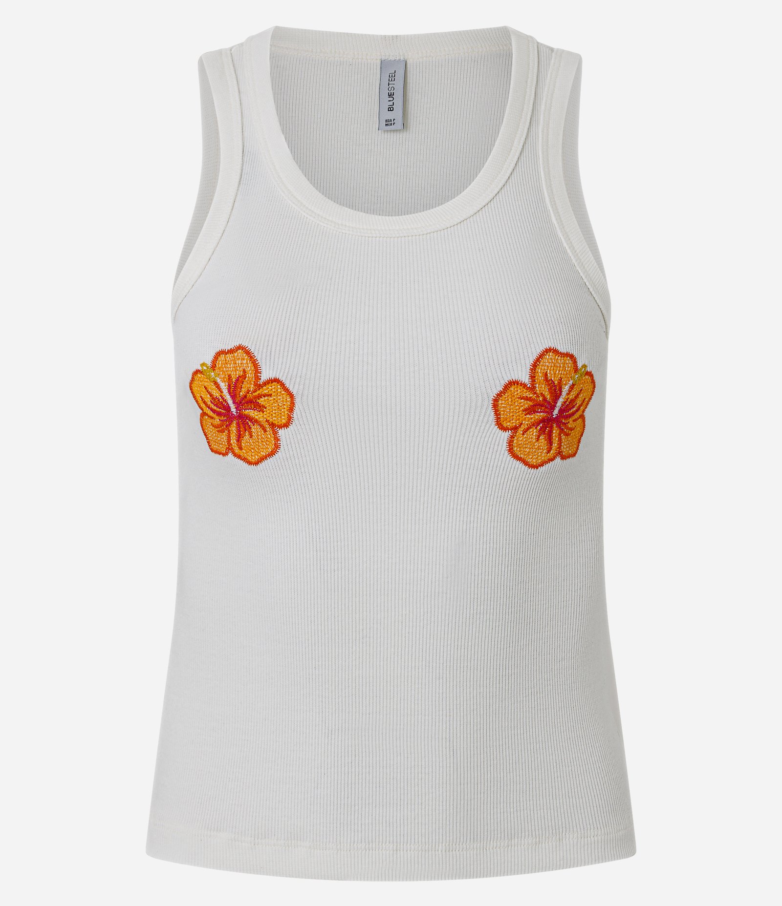 Blusa Regata em Ribana com Bordado Floral Localizado Off White 1