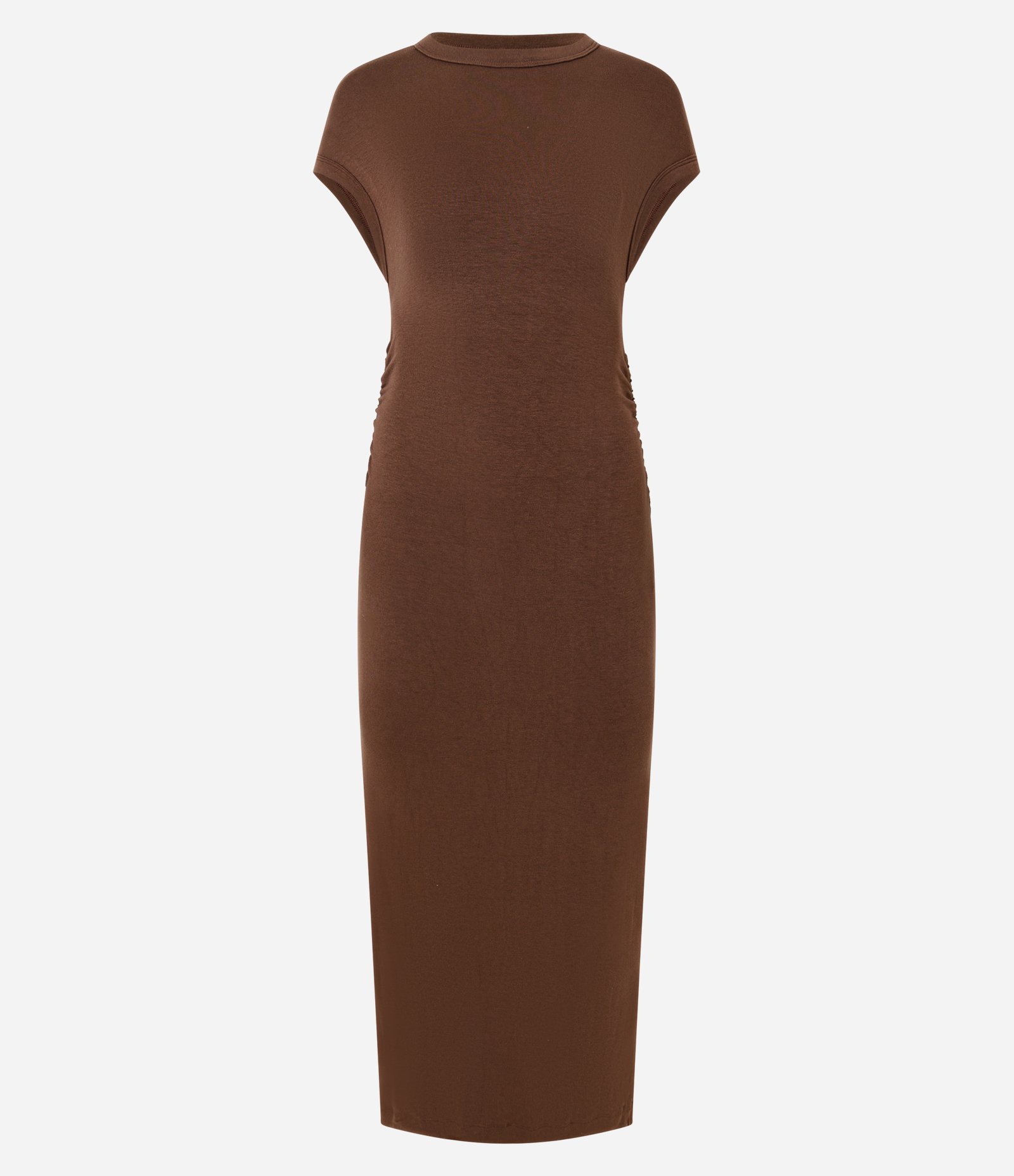 Vestido em Ribana com Ombro Caído e Fenda Marrom 1