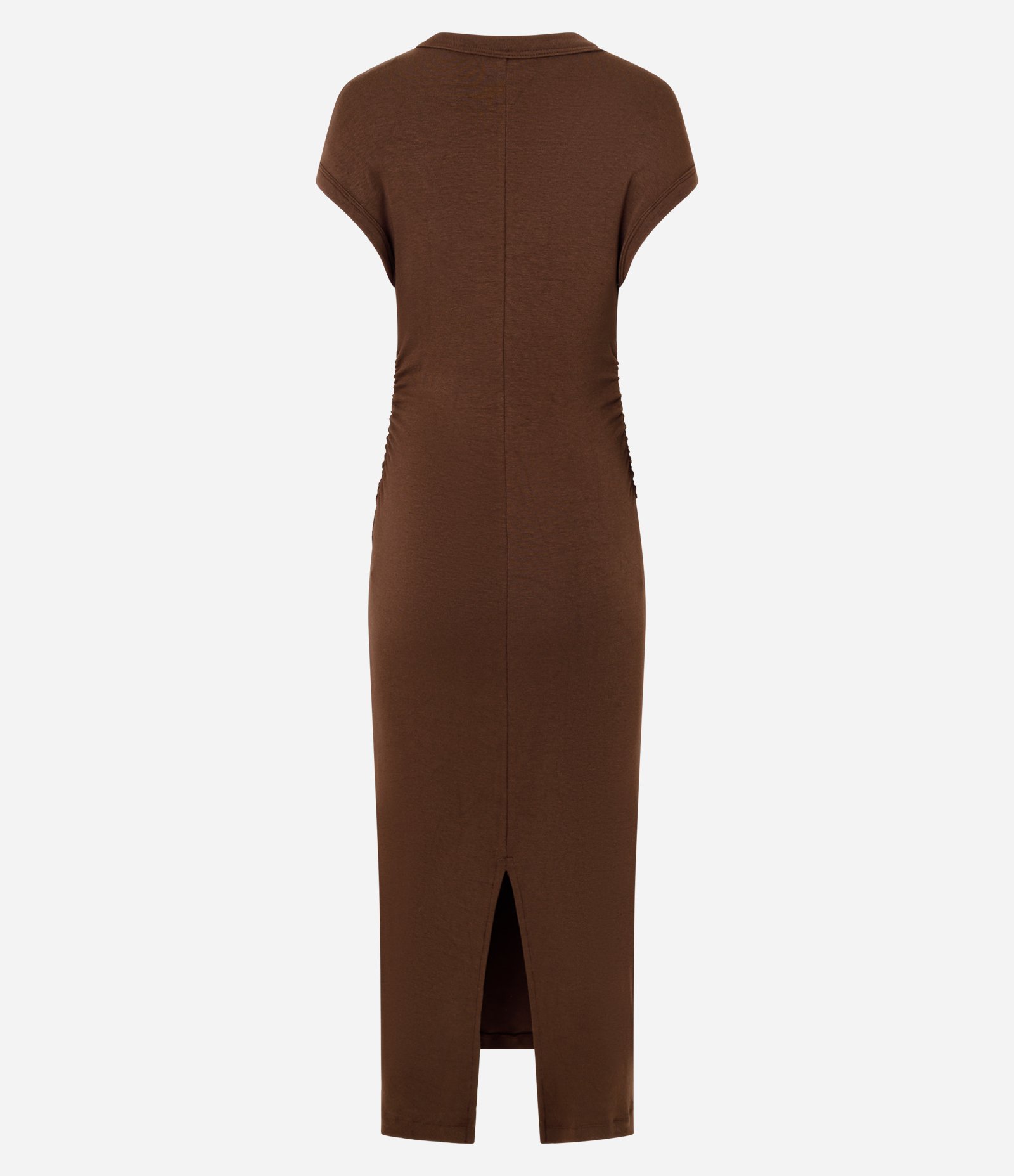 Vestido em Ribana com Ombro Caído e Fenda Marrom 2