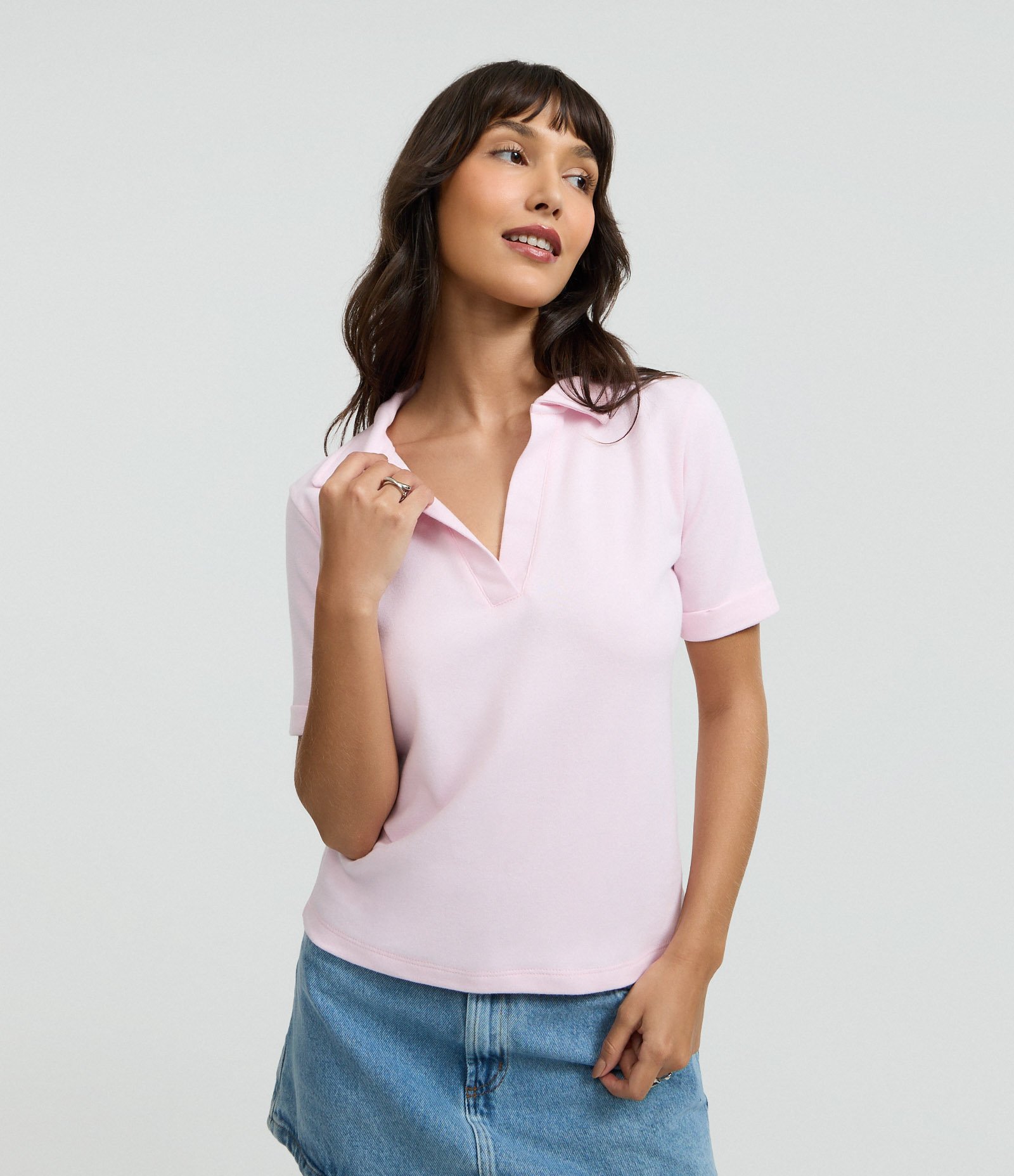 Blusa Polo em Suede com Gola Aberta Rosa 1