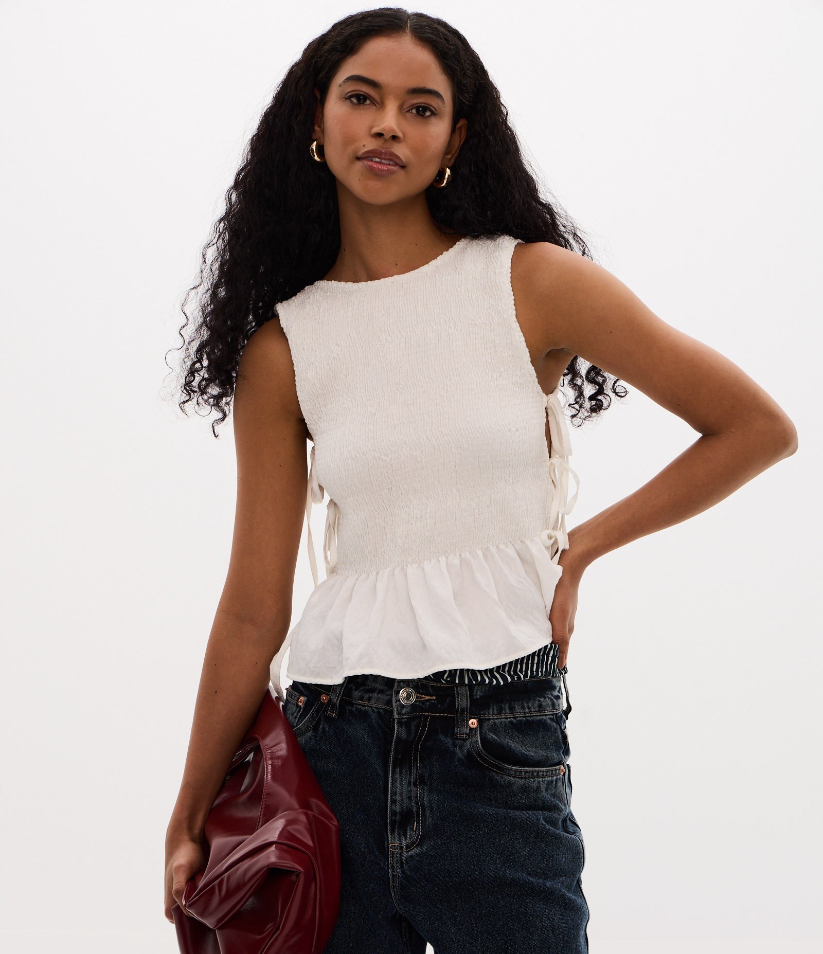 Blusa Peplum em Anarruga com Amarração Laterais Branco 2