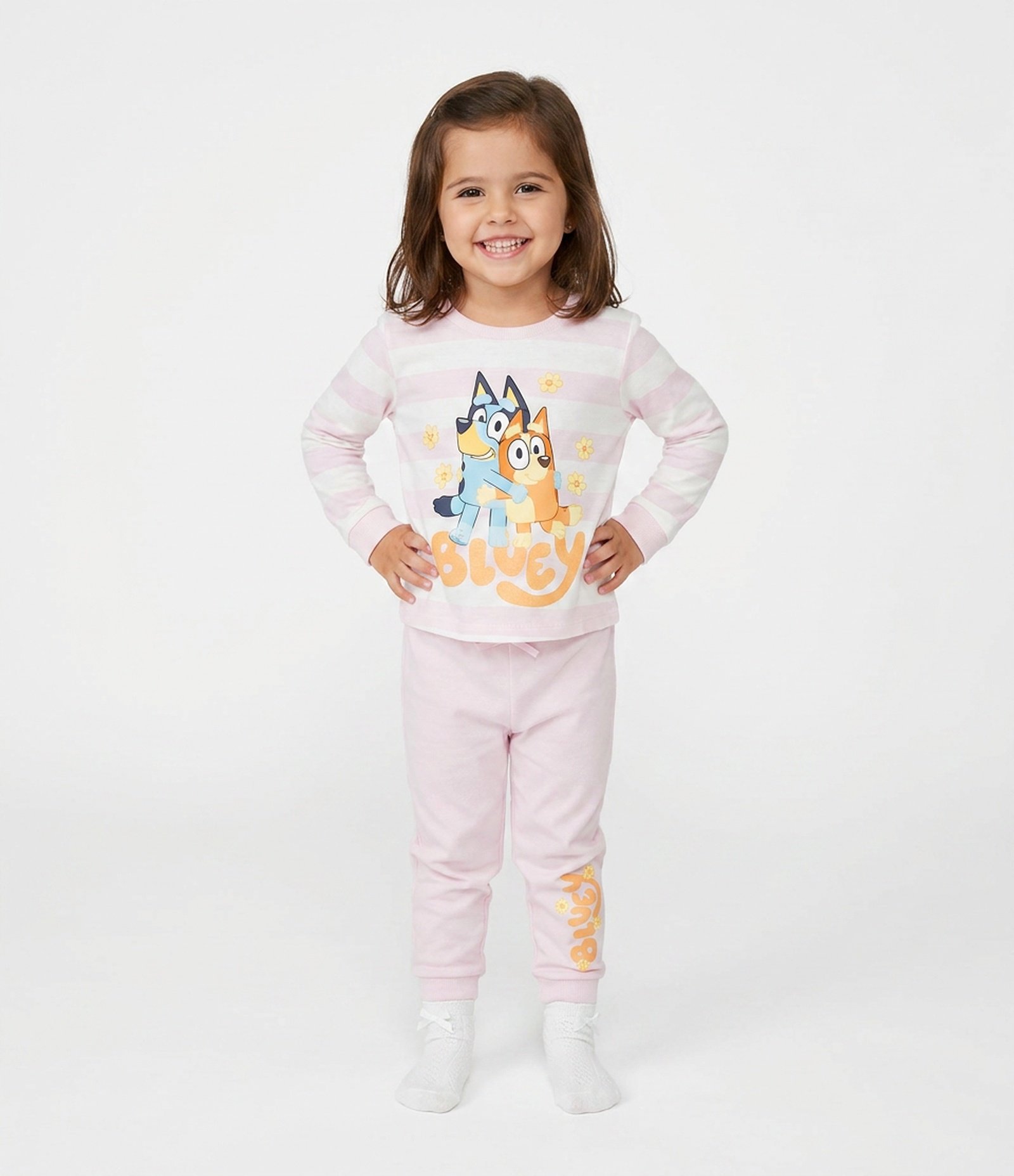 Pijama Infantil com Listras e Estampa Bluey e Bingo - Tam 2 a 8 Anos Rosa Claro 1