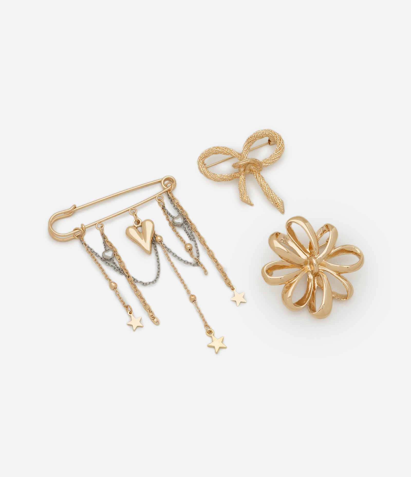 Kit 03 Broches em Metal com Pingentes Decorativos Dourado 1