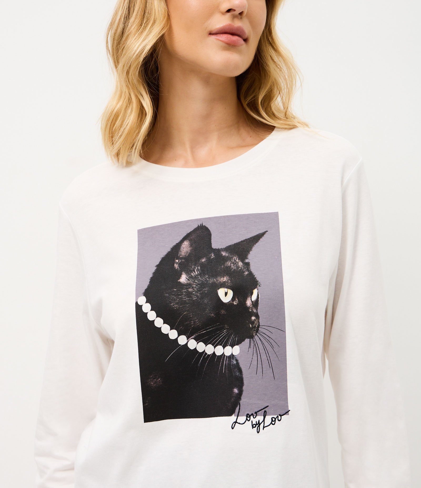 Pijama Longo em Algodão com Estampa de Gato Branco/Roxo 2