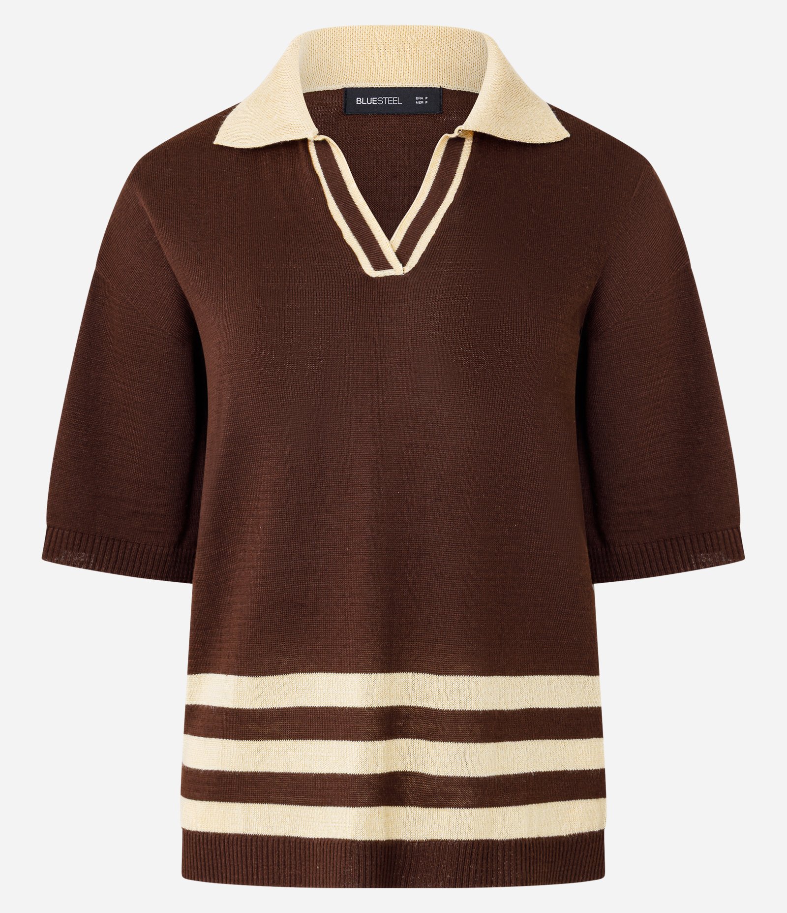 Blusa Polo Oversized em Tricô com Detalhes de Listras Marrom 1