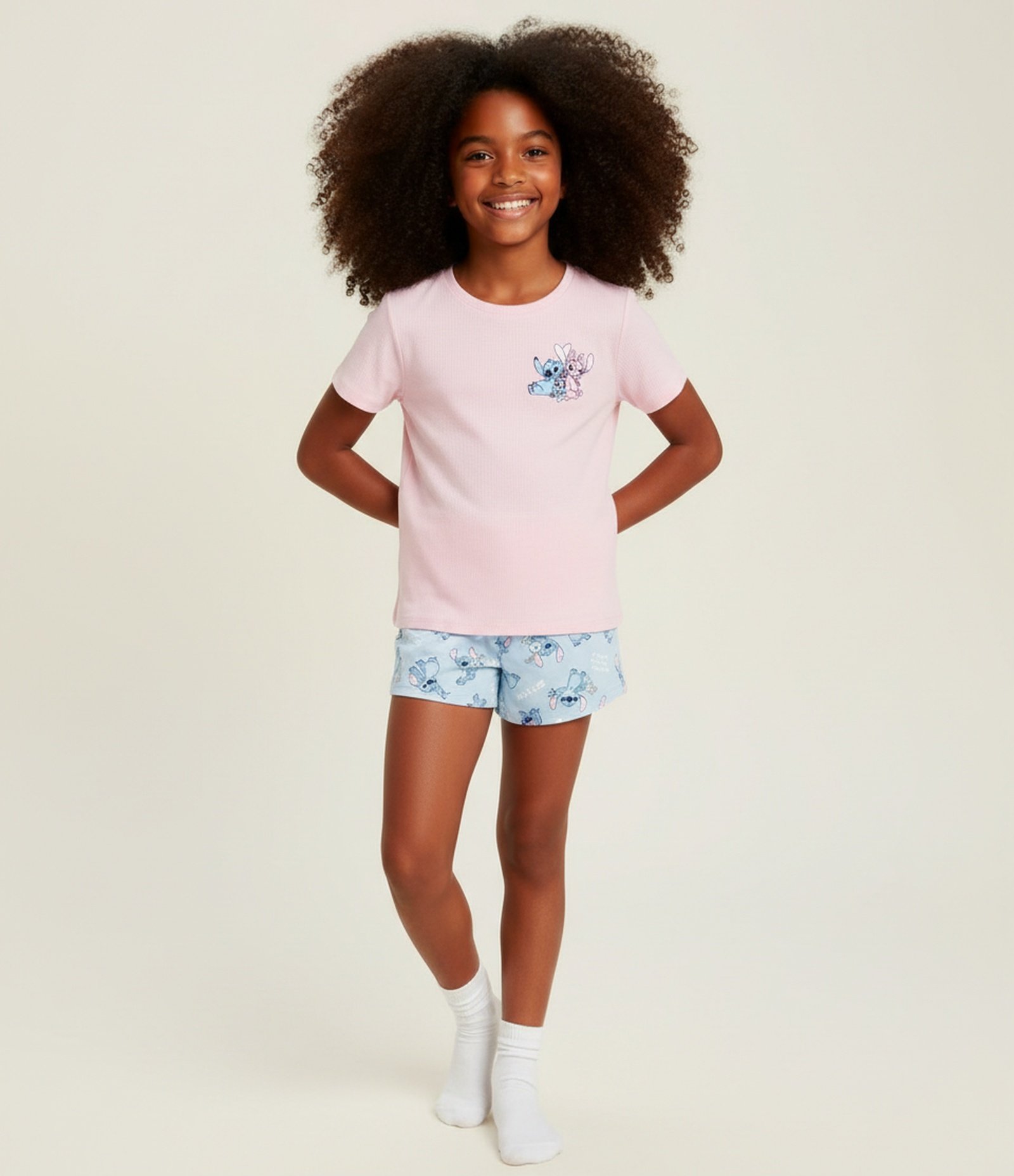 Pijama em Laise com Estampa Stitch e Angel - Tam 5 A 14 Anos Azul/Rosa 1