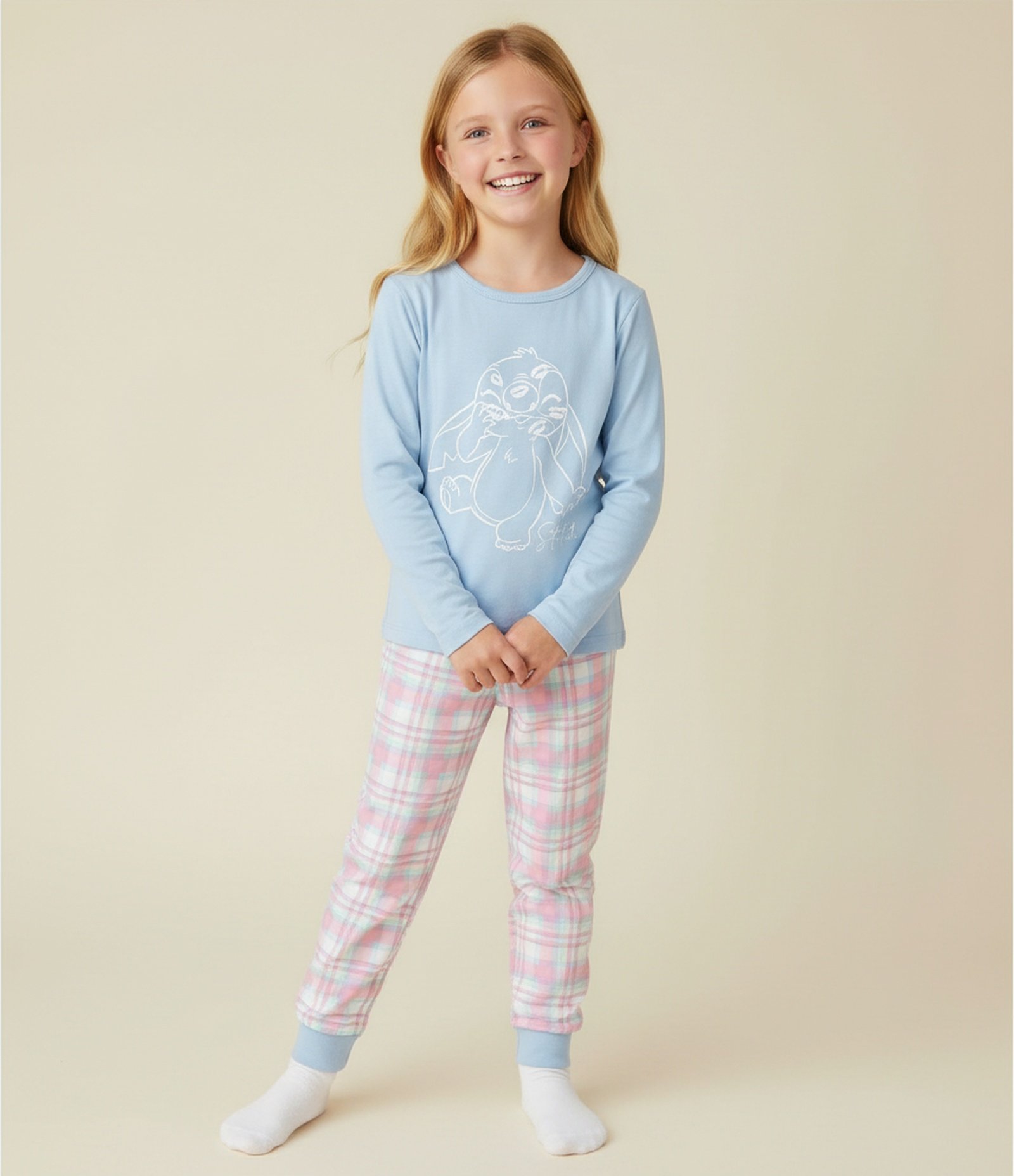 Pijama Infantil Longo Estampa Xadrez e Stitch - Tam 5 a 14 Anos Azul/Rosa 1