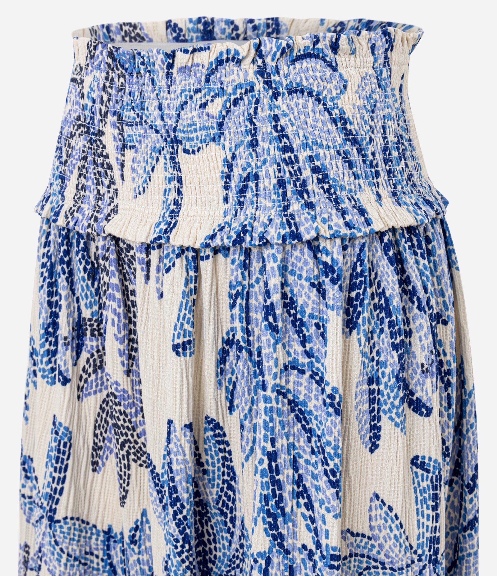 Saia Long Midi com Estampa de Bananeira e Lastex Azul / Off White 2