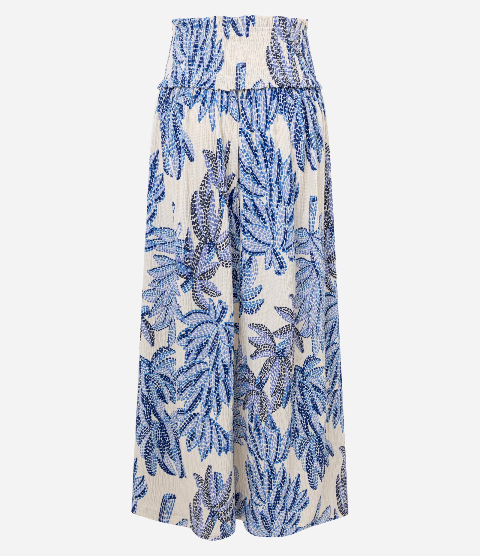 Saia Long Midi com Estampa de Bananeira e Lastex Azul / Off White 3