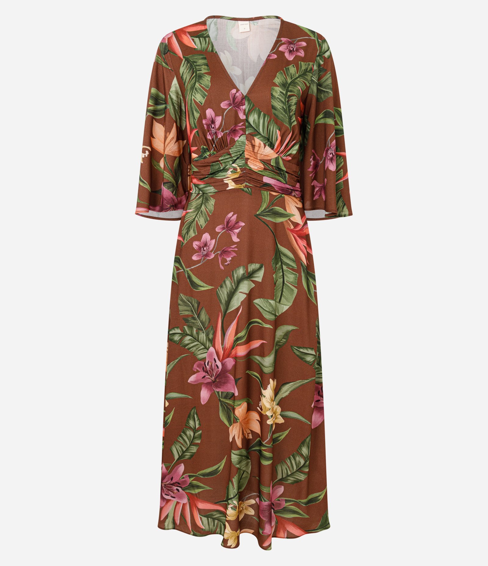Vestido Midi Evasê em Sarja com Decote V e Estampa Floral Tropical Marrom 6
