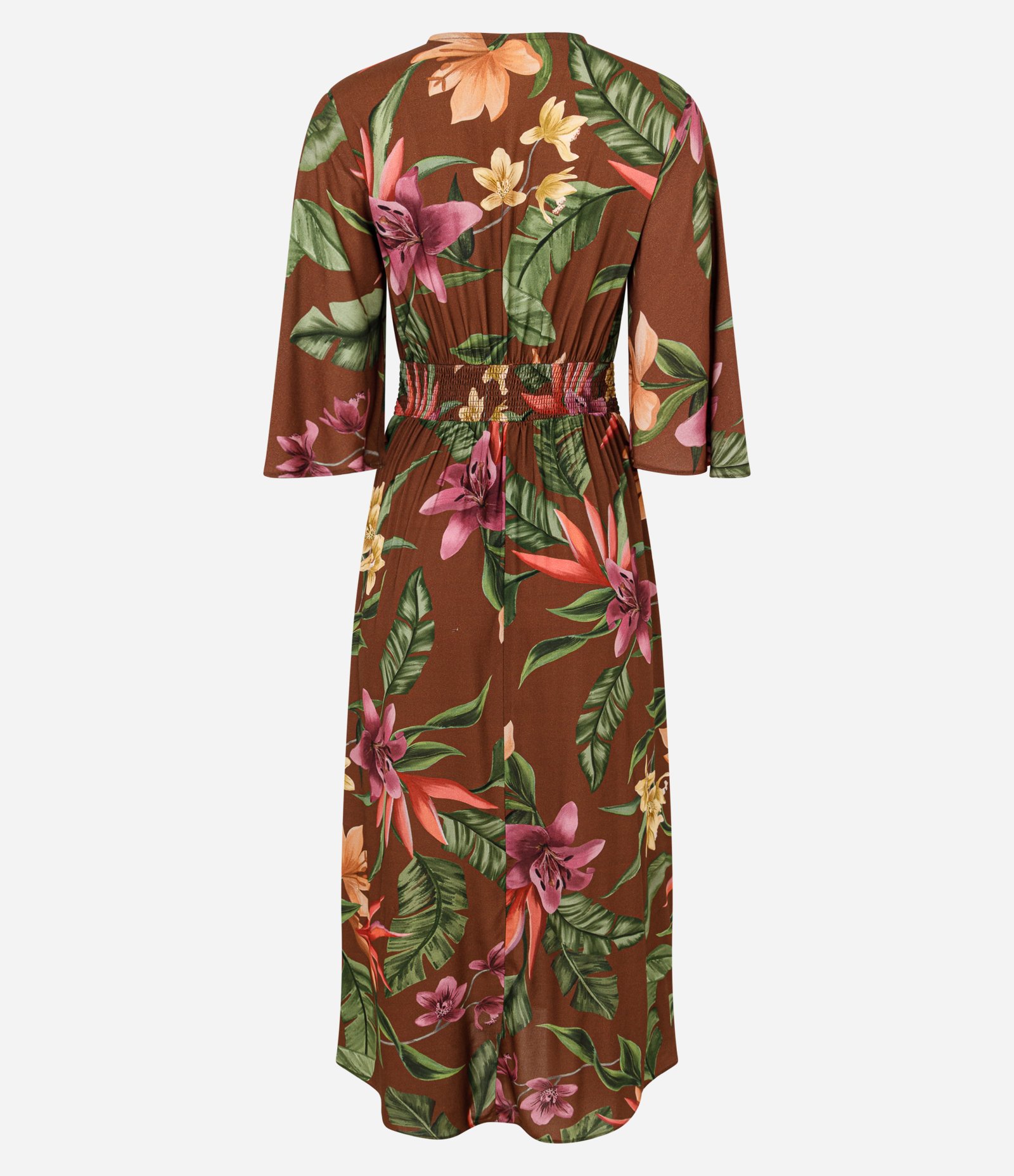 Vestido Midi Evasê em Sarja com Decote V e Estampa Floral Tropical Marrom 7