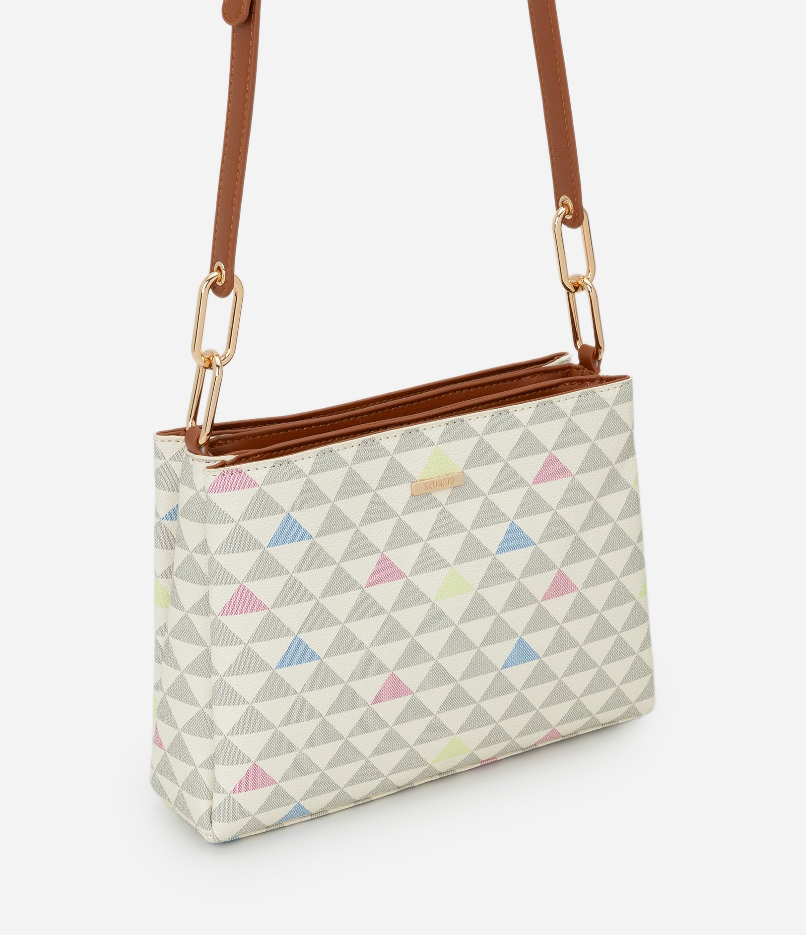 Bolsa Transversal Média em PU com Estampa Triângulos Multicores 1