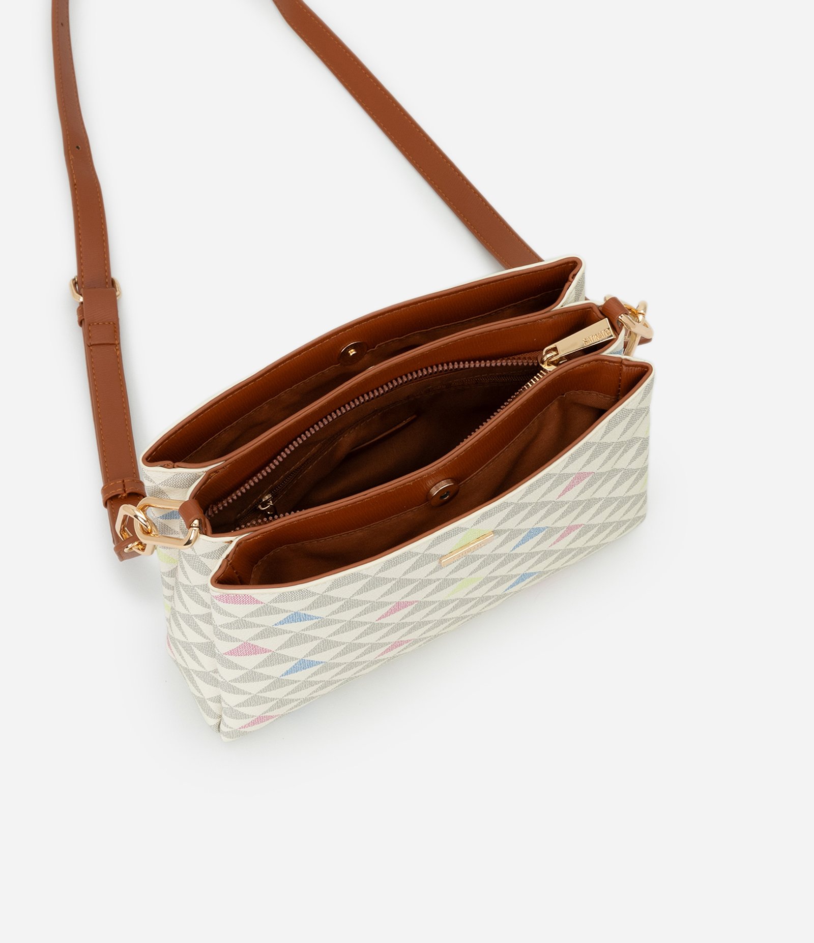 Bolsa Transversal Média em PU com Estampa Triângulos Multicores 5