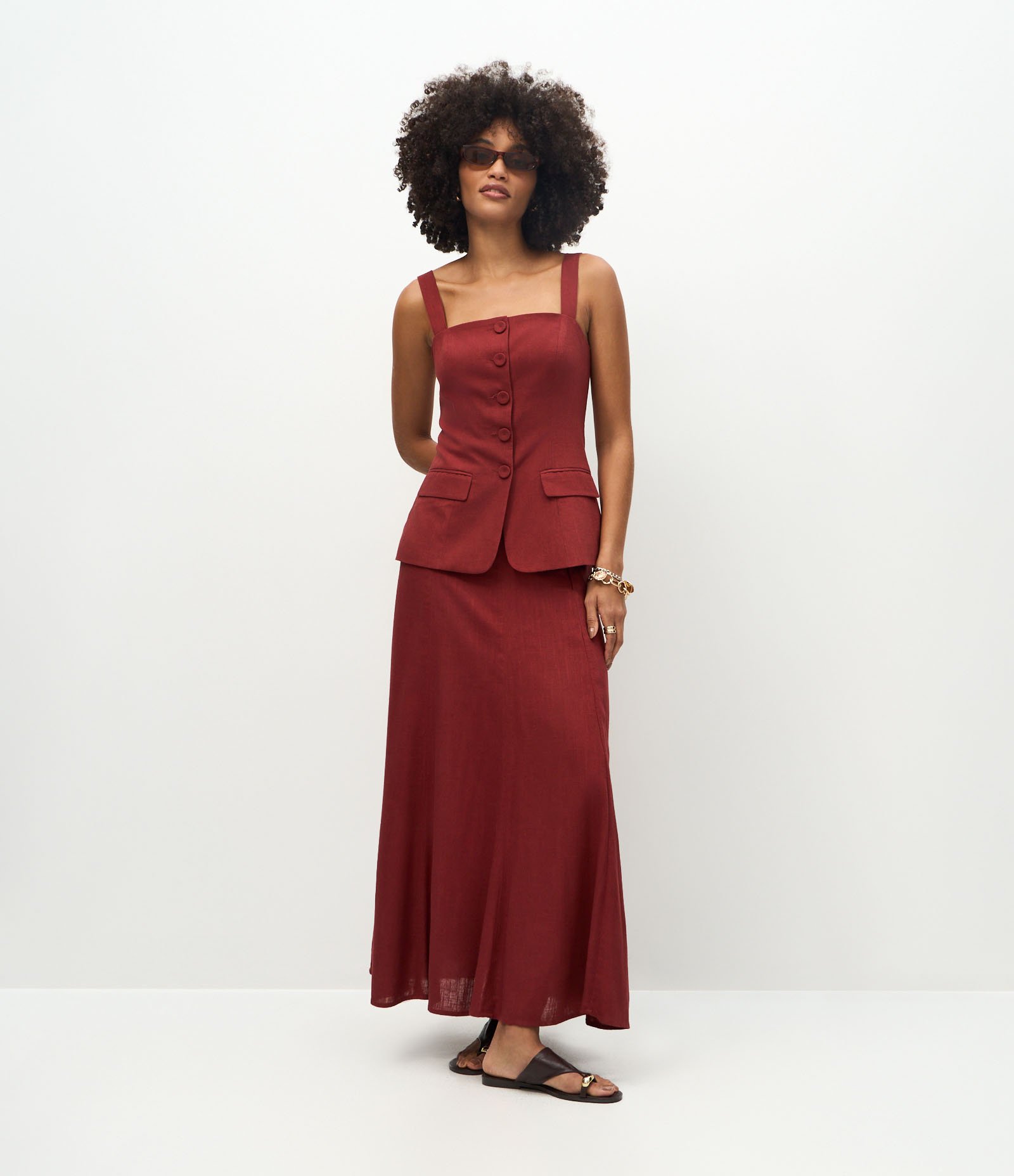 Saia Midi em Viscolinho com Cós Estruturado Vermelho 1