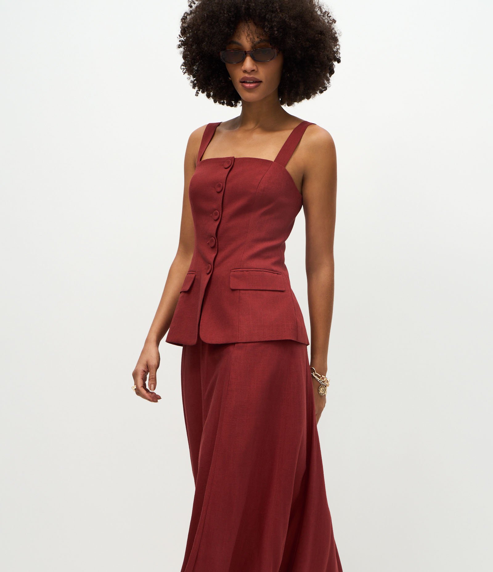 Saia Midi em Viscolinho com Cós Estruturado Vermelho 2