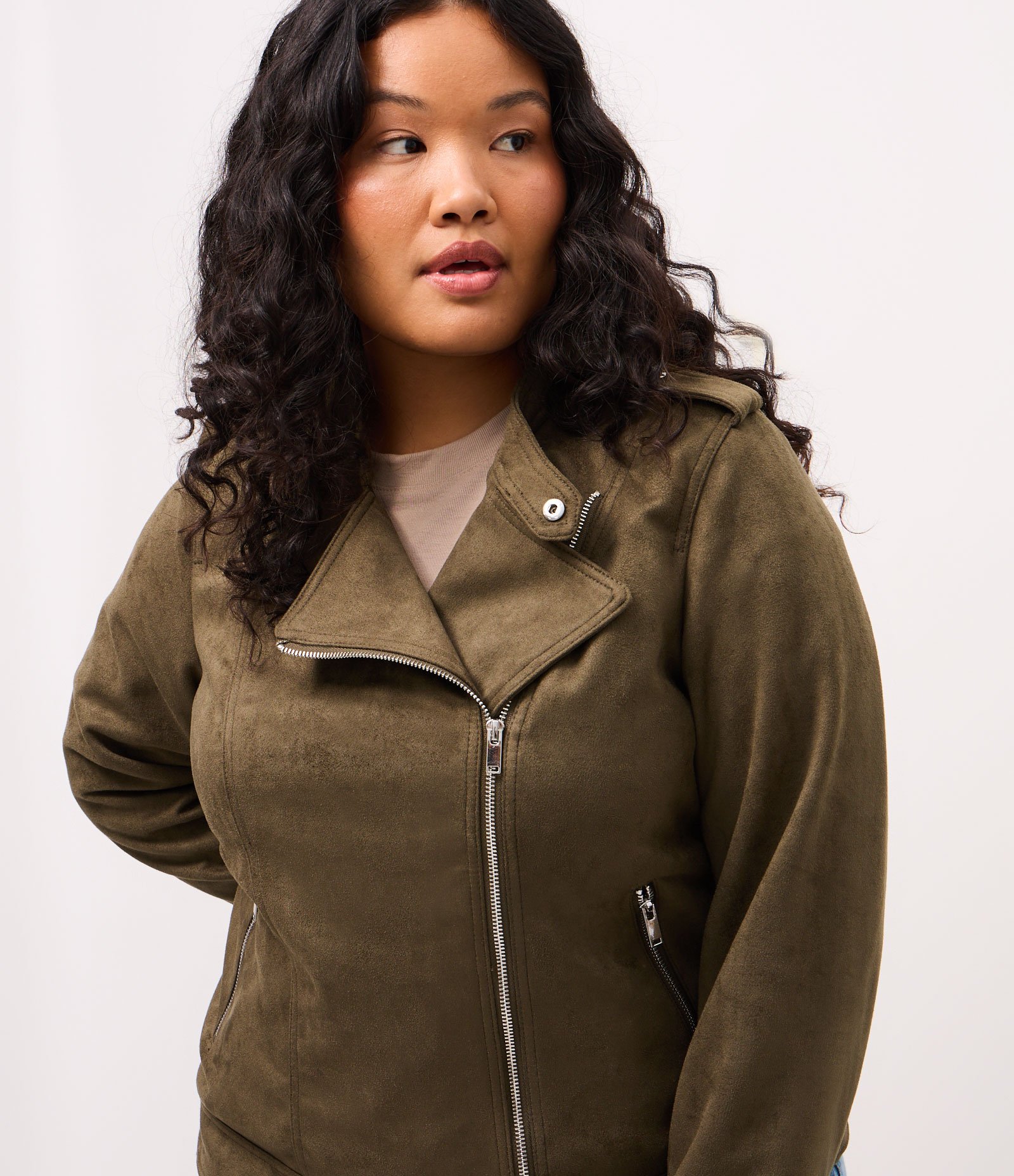 Jaqueta Biker em Suede com Zíper nos Bolsos Curve & Plus Size Verde 3