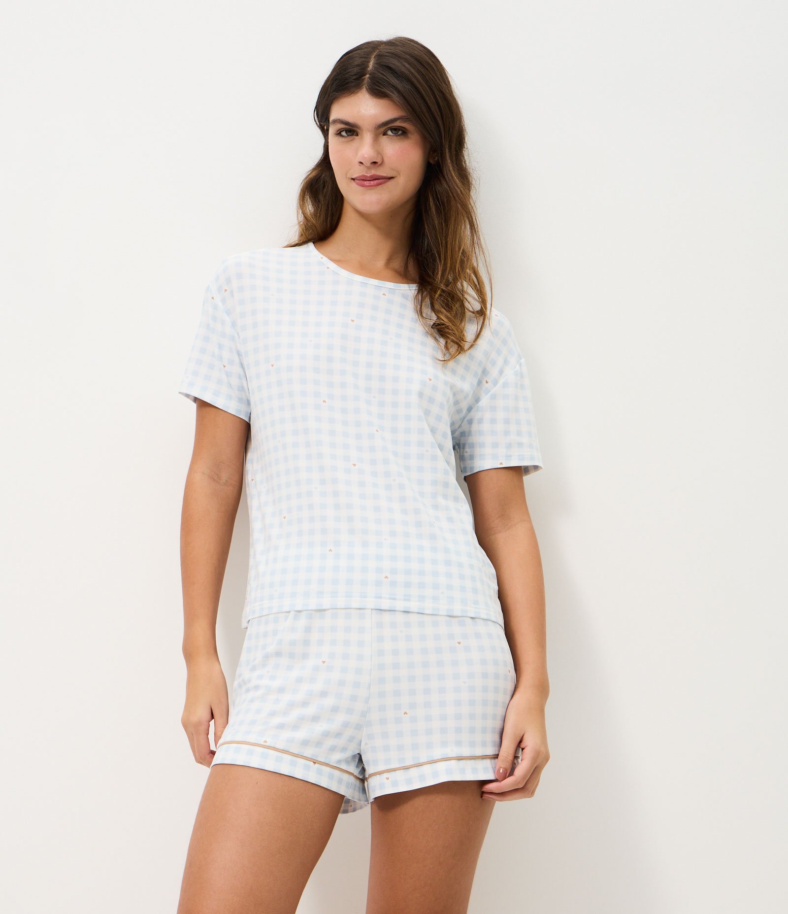 Pijama Curto Feminino Toque Suave Floral Vichy com Pipping Azul 1