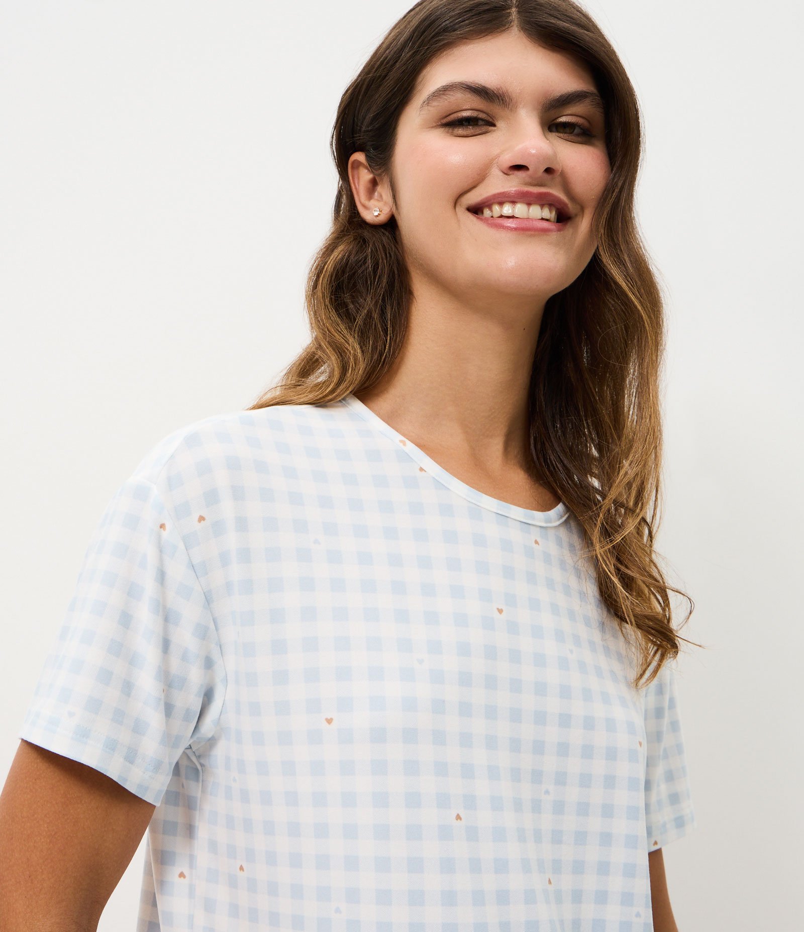 Pijama Curto Feminino Toque Suave Floral Vichy com Pipping Azul 2