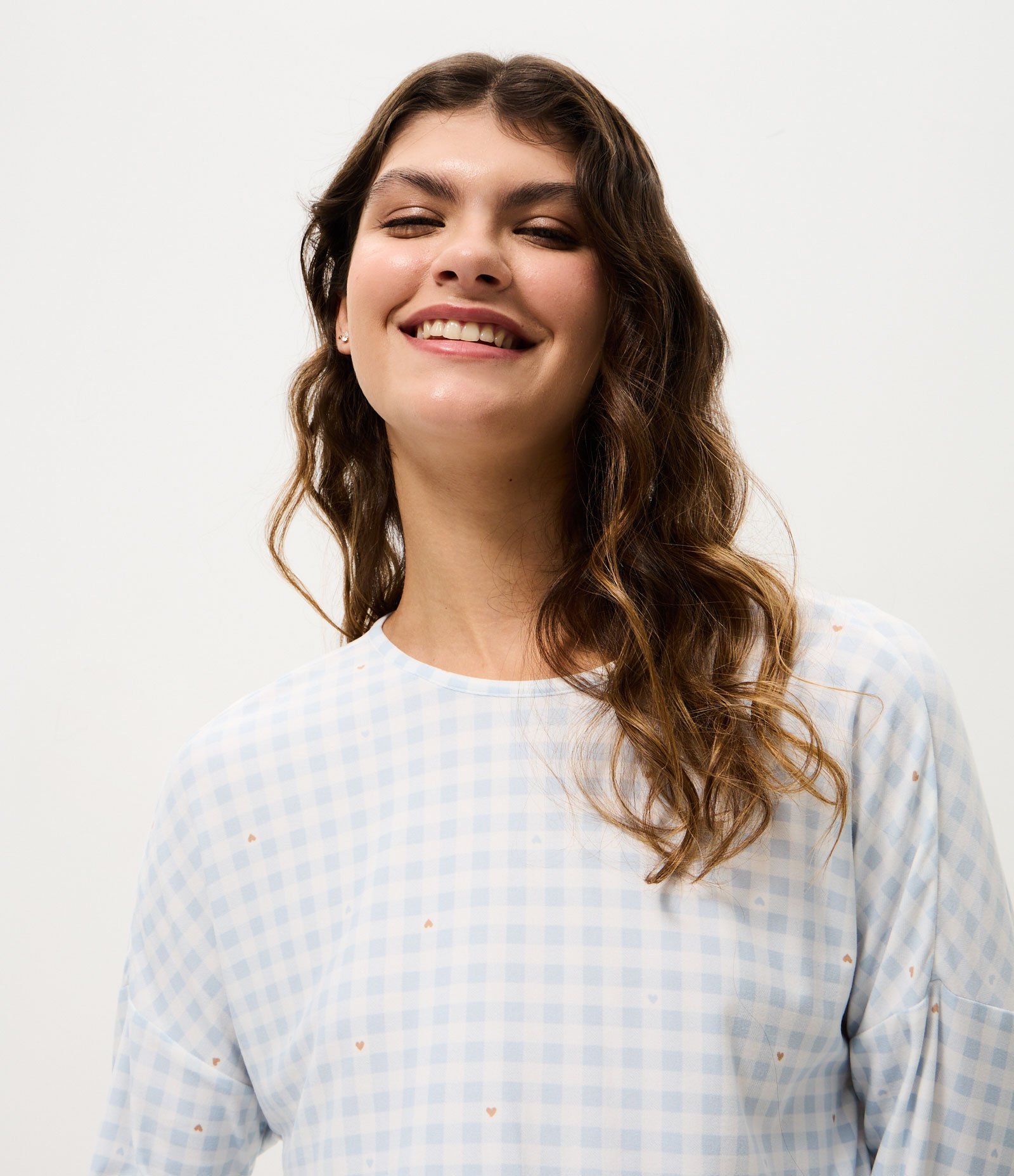 Pijama Longo com Toque Suave e Estampa Xadrez Vichy Azul 2