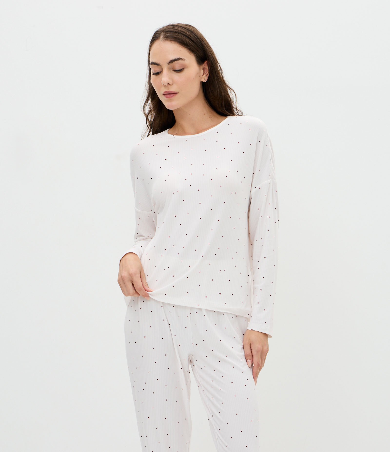 Pijama Longo com Toque Suave e Estampa de Corações Branco 2