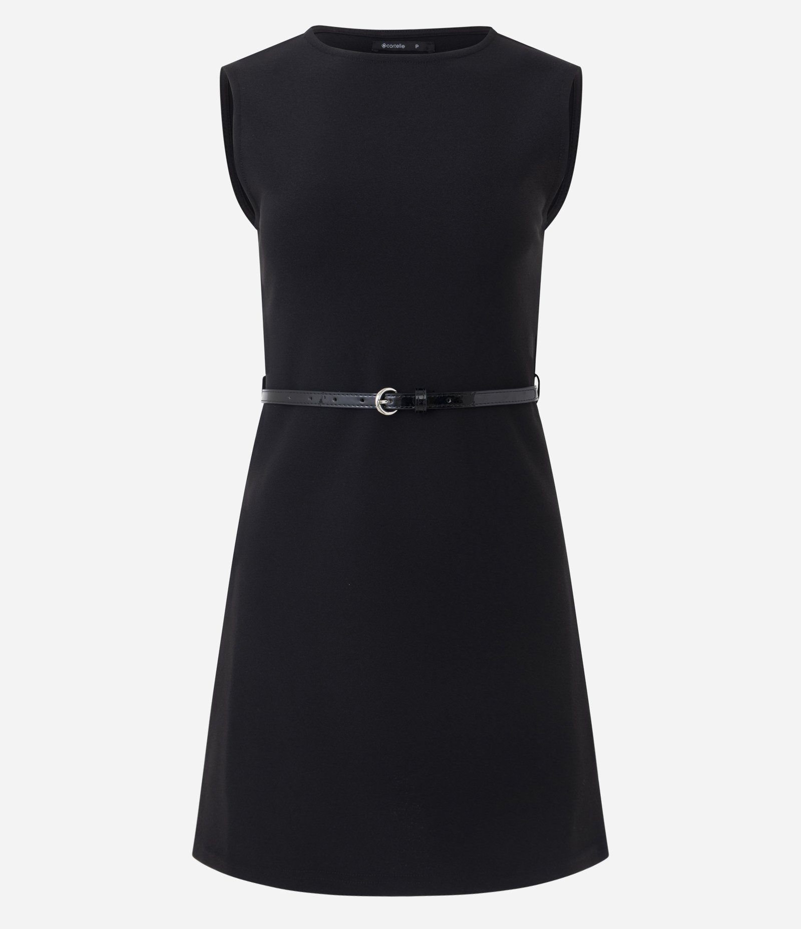 Vestido Evasê Curto em Crepe com Cinto Fino Preto 1