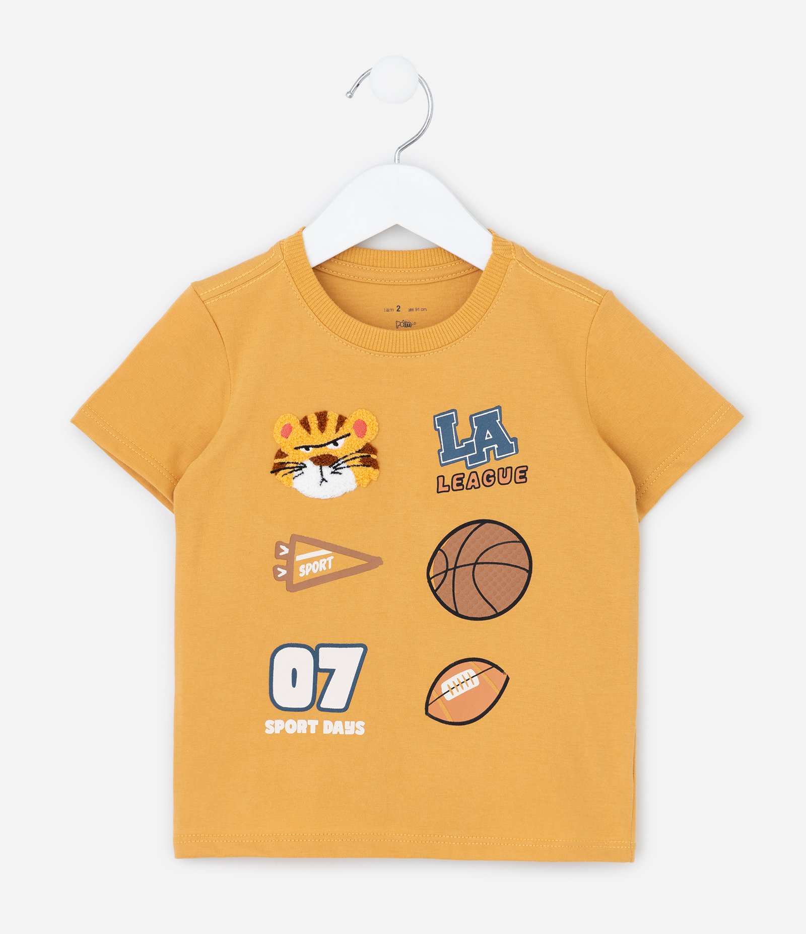 Camiseta Infantil com Estampa College e Aplicação Chenille – Tam 1 a 5/6 Anos Amarelo Mostarda 1