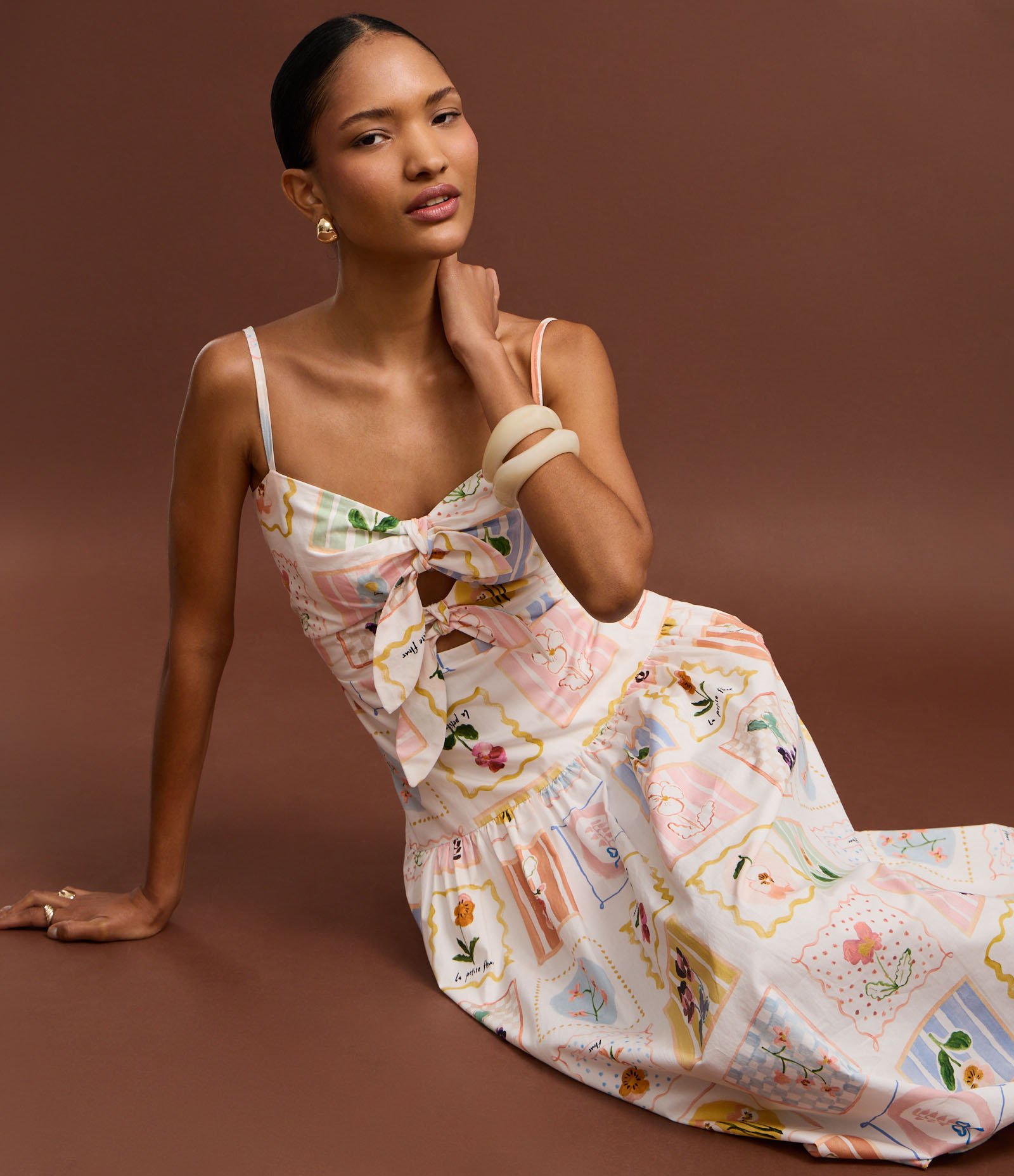 Vestido Evasê Midi em Tricoline com Estampa Floral Branco 5