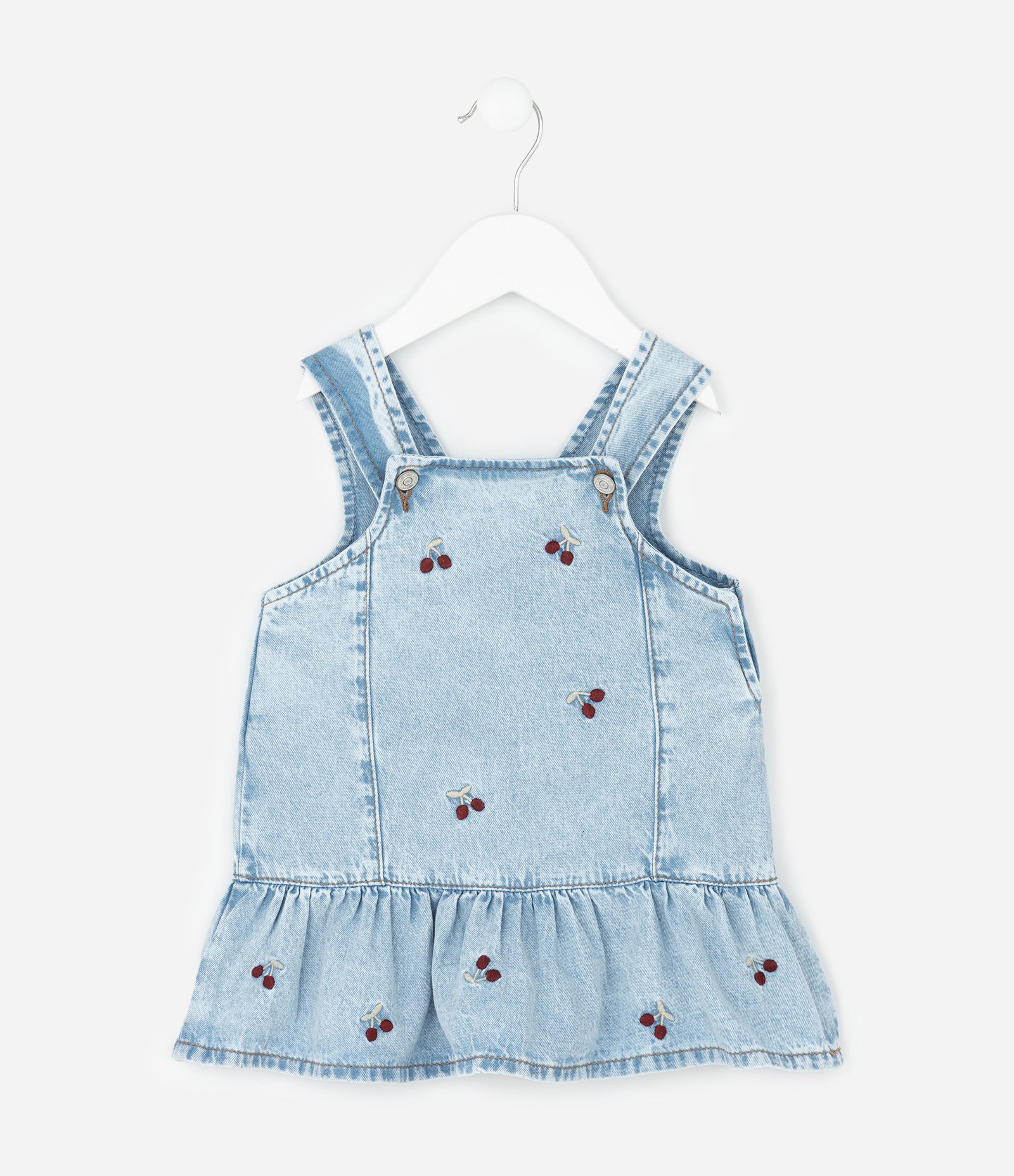 Salopete Infantil em Jeans com Bordados de Cerejas – Tam 3 a 18 Meses Azul Claro 2