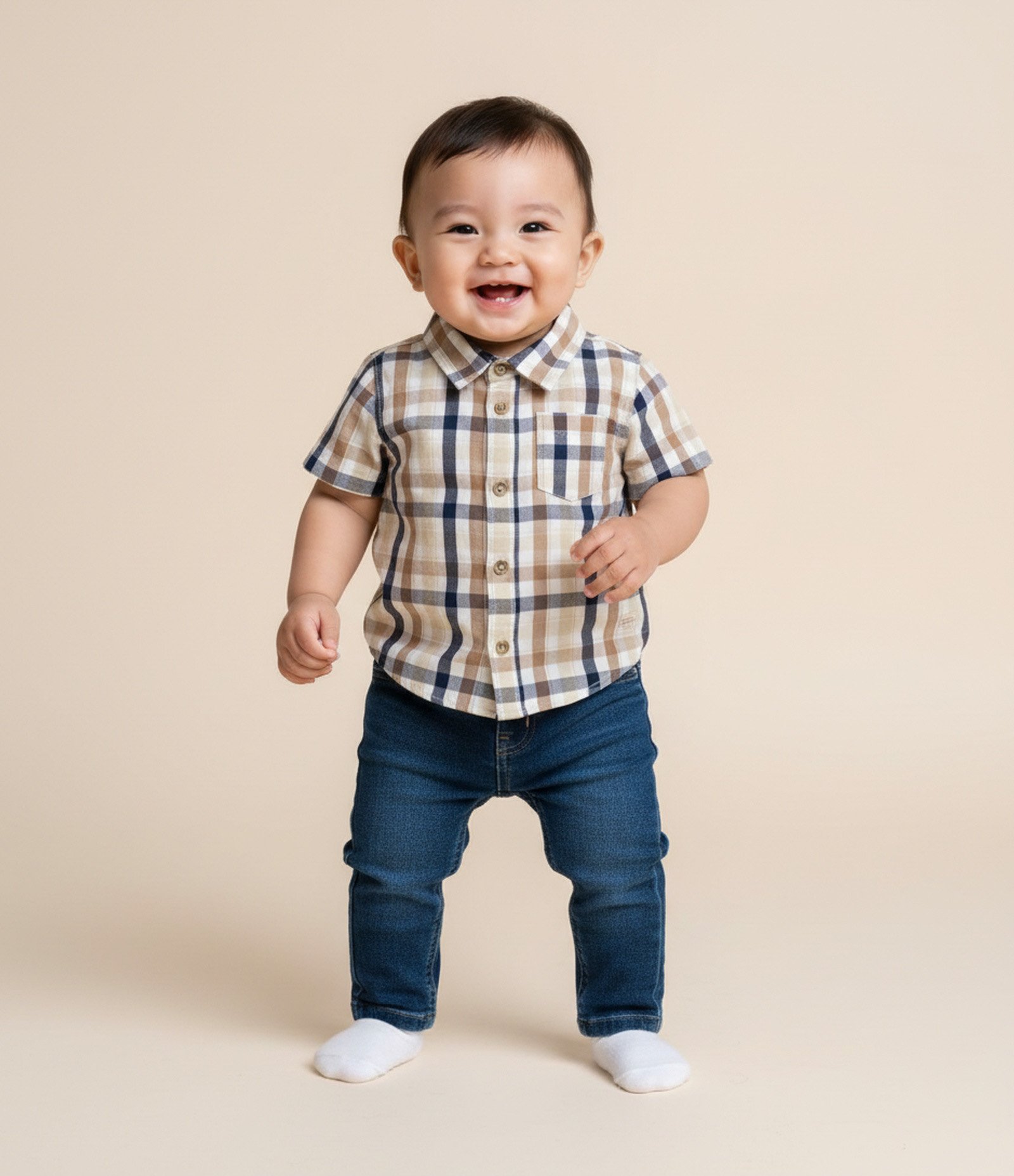 Camisa Bebê em Tricoline Xadrez com Bolso – Tam 0 a 24 Meses Bege/Azul Marinho 1