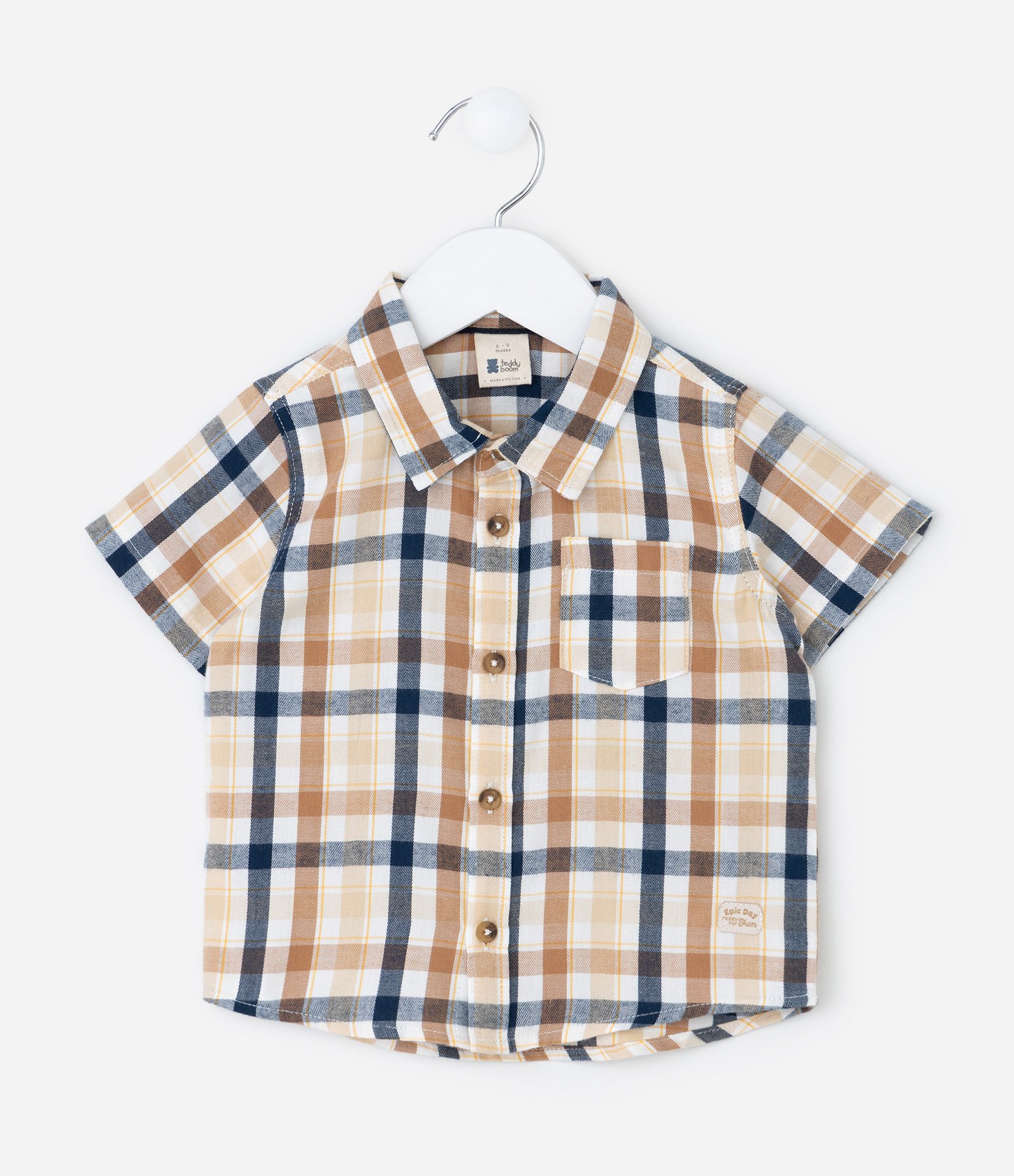 Camisa Bebê em Tricoline Xadrez com Bolso – Tam 0 a 24 Meses Bege/Azul Marinho 2