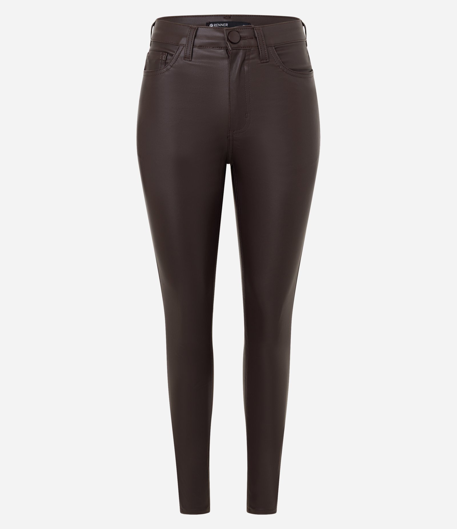 Calça Skinny em Sarja Resinada com Cintura Média Marrom 1