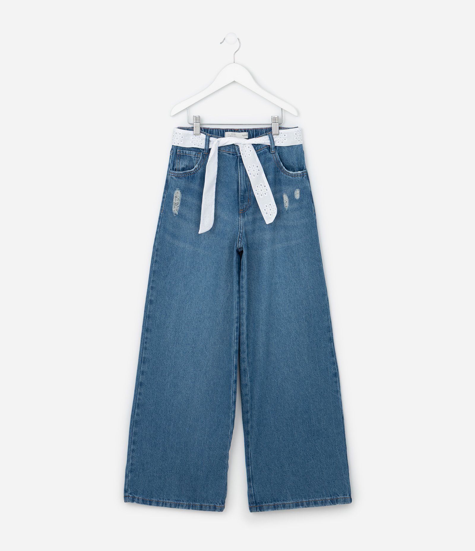 Calça Infantil Wide Leg em Jeans com Cinto - Tam 5 A 14 Anos Azul Médio 1